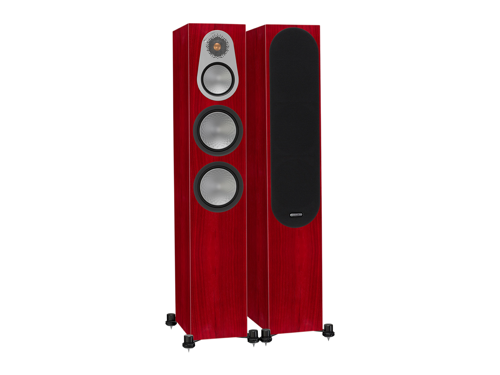 Silver 300, floorstanding speakers, with and without grille in a rosenut finish.