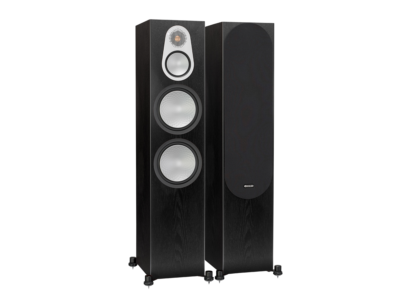 Silver 500, floorstanding speakers, with and without grille in a black oak finish.