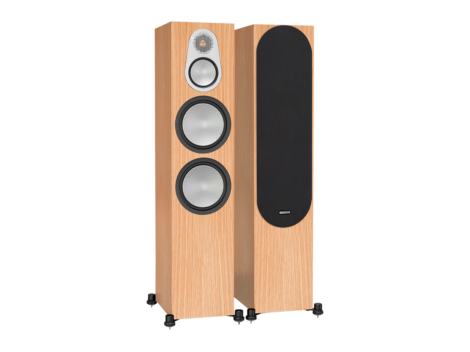 Silver 500, floorstanding speakers, with and without grille in a natural oak finish.