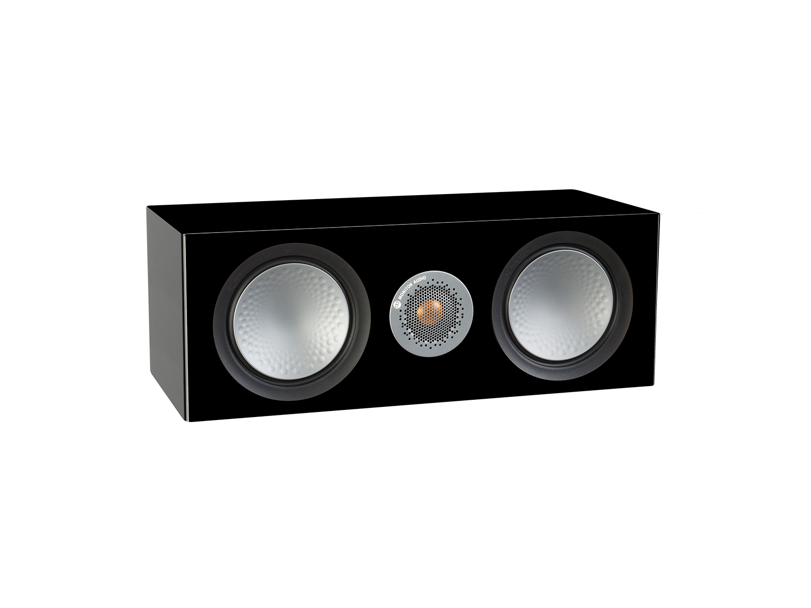 Silver C150, grille-less centre channel speakers, with a high gloss black finish.