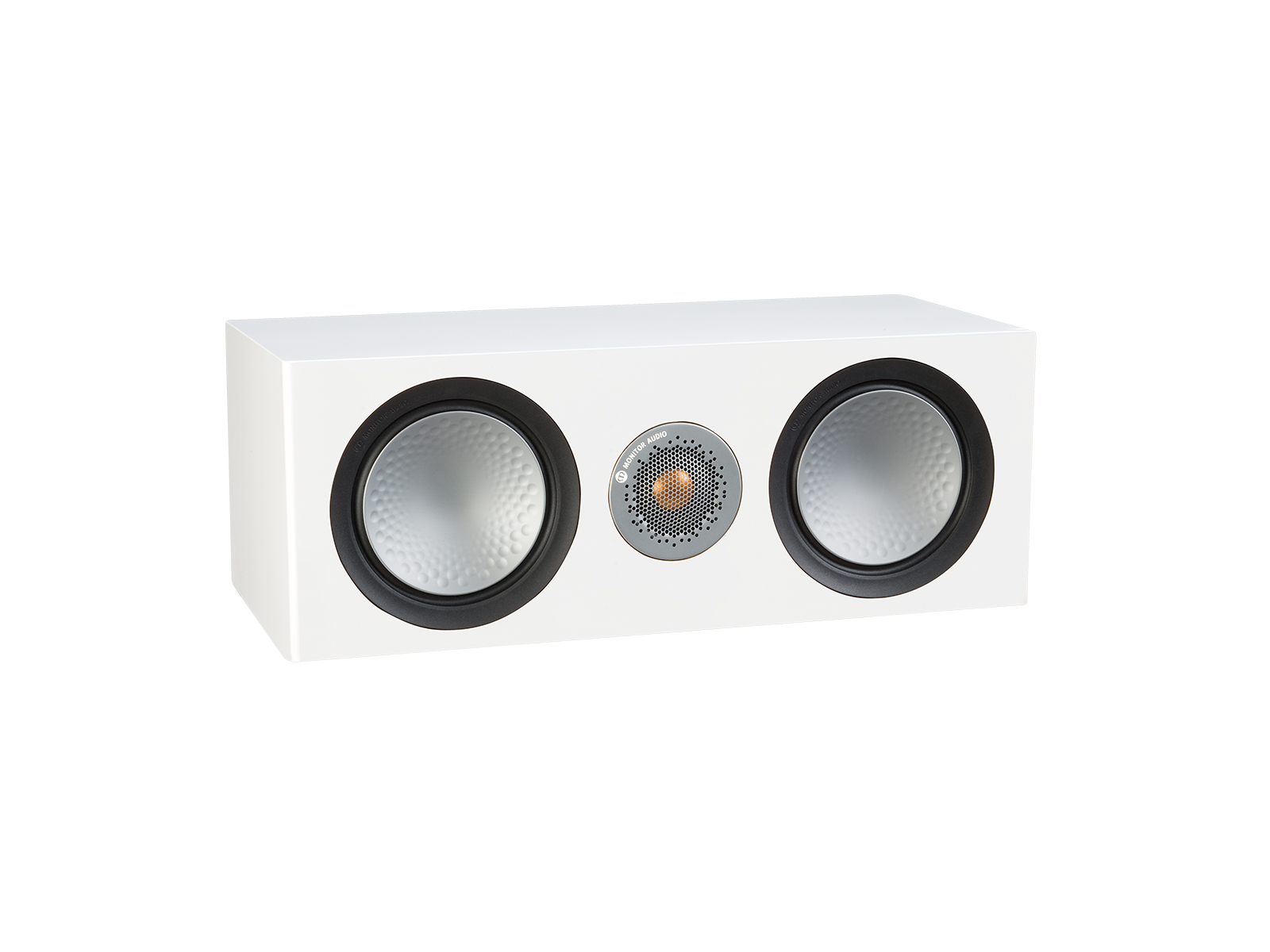 Silver C150, grille-less centre channel speakers, with a satin white finish.