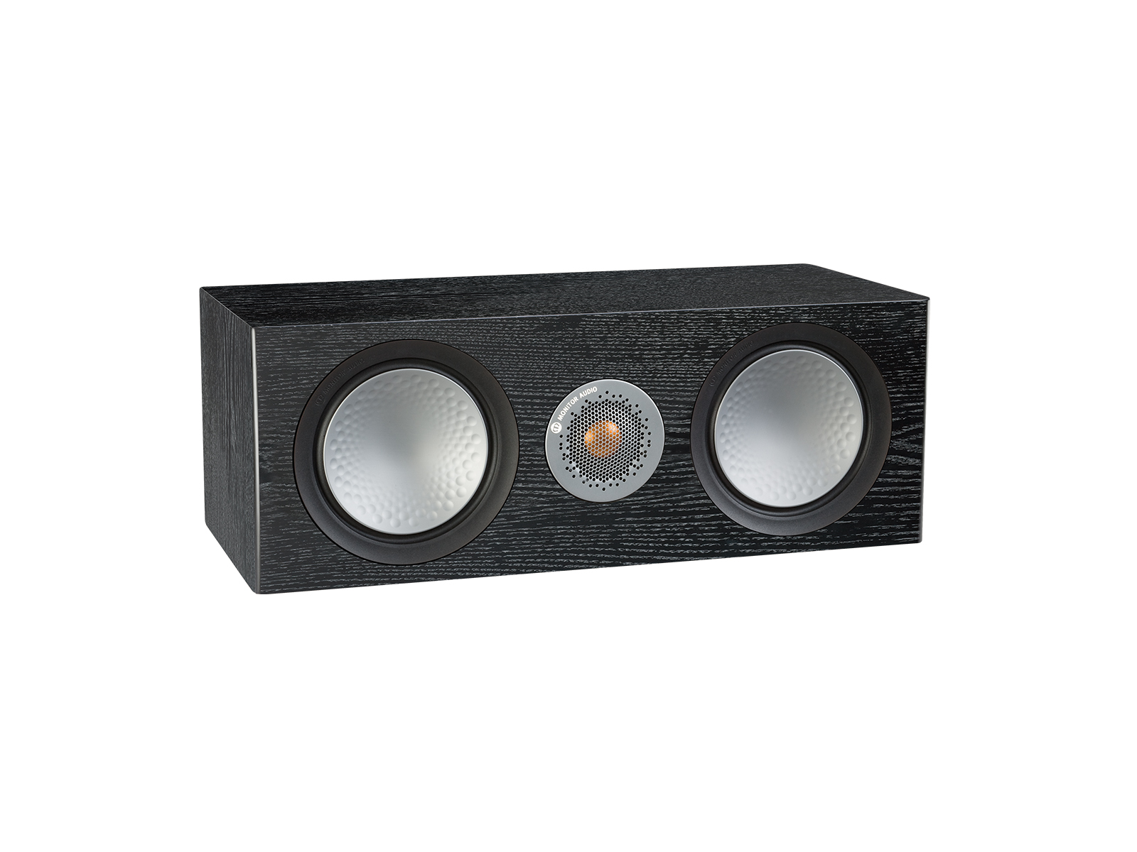 Silver C150, grille-less centre channel speakers, with a black oak finish.