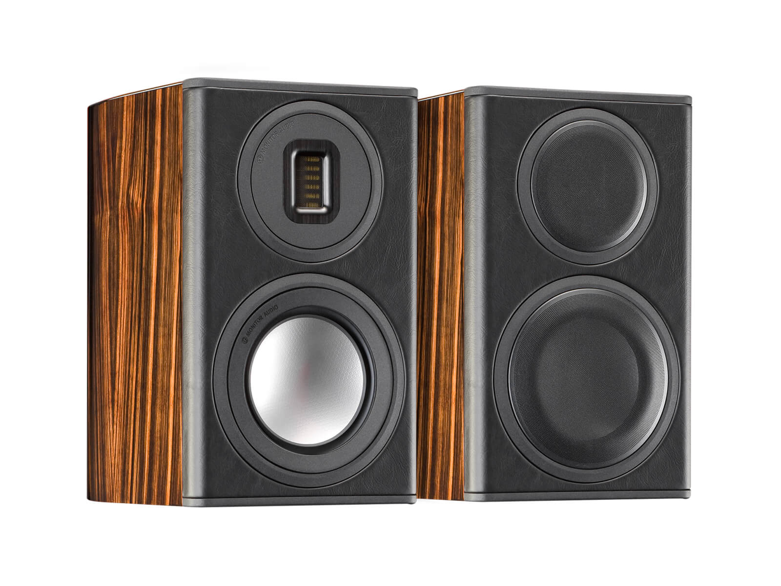 Platinum PL100 II, grille-less bookshelf speakers, with an ebony real wood veneer finish.