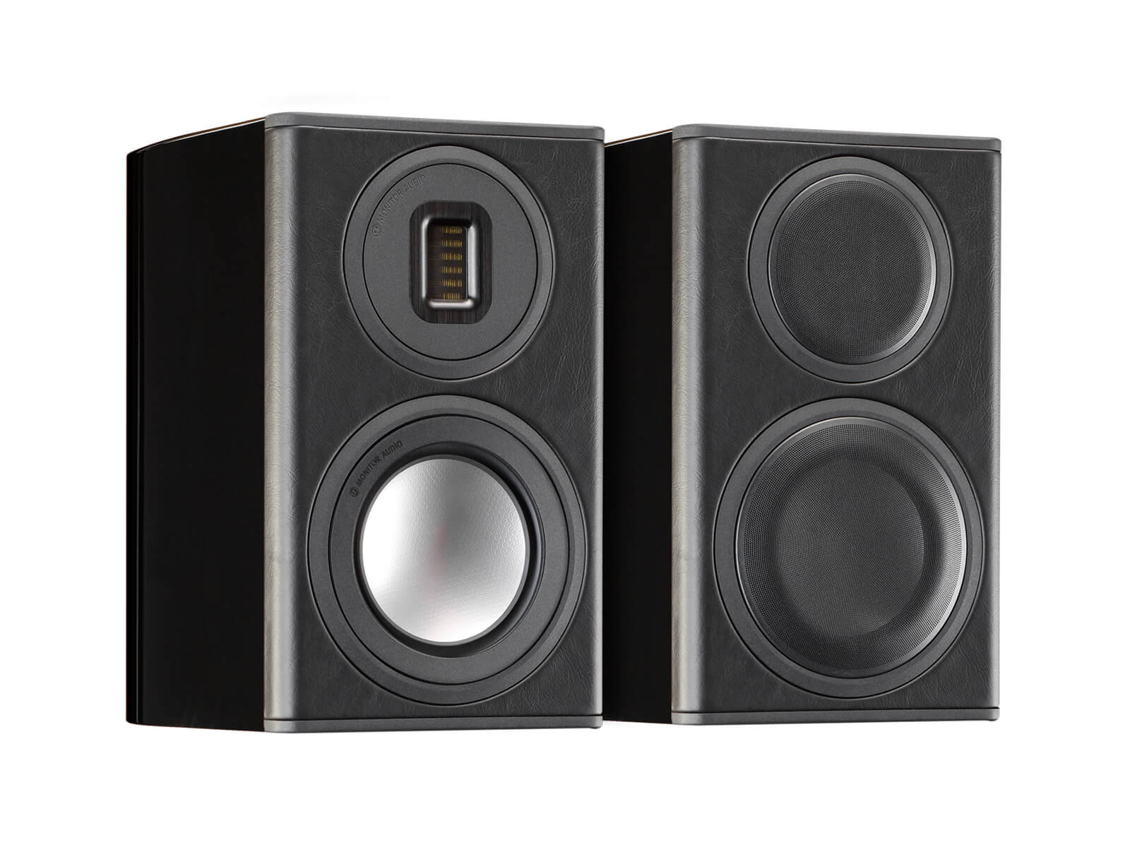 Platinum PL100 II, bookshelf speakers, featuring a grille and an ebony real wood veneer finish.