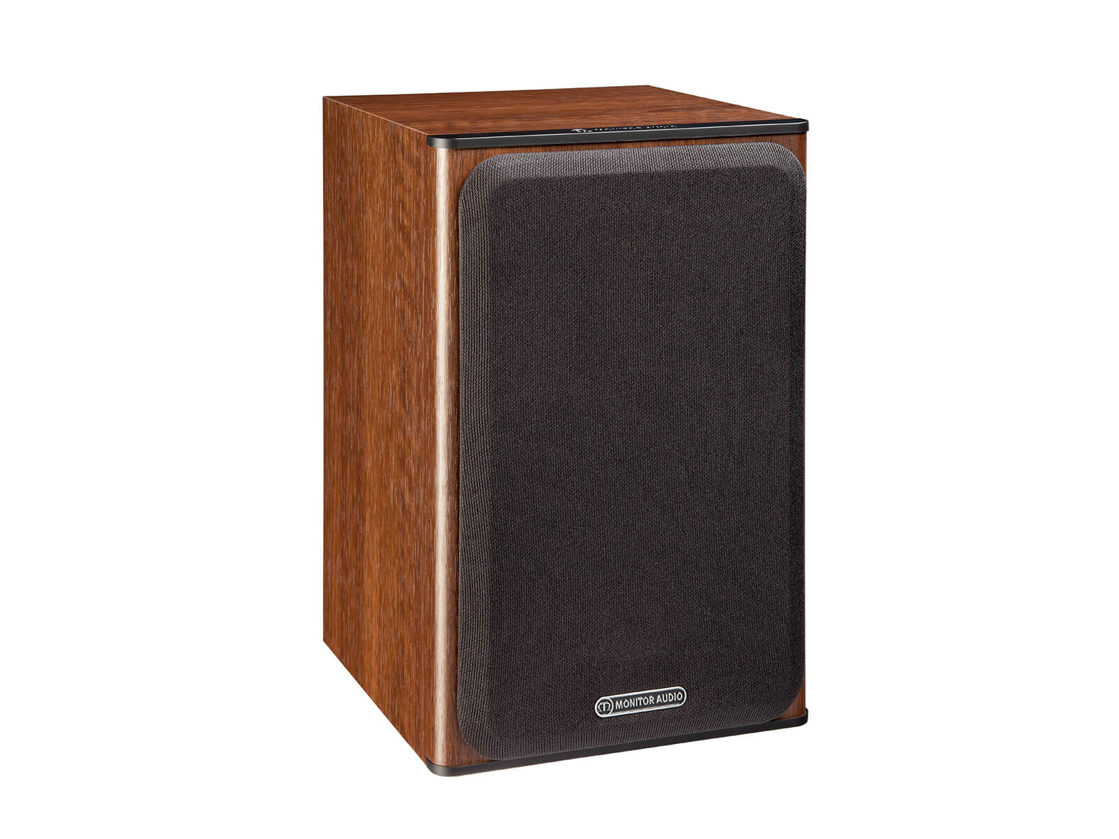 Bronze 1, bookshelf speakers, featuring a grille and a walnut vinyl finish.