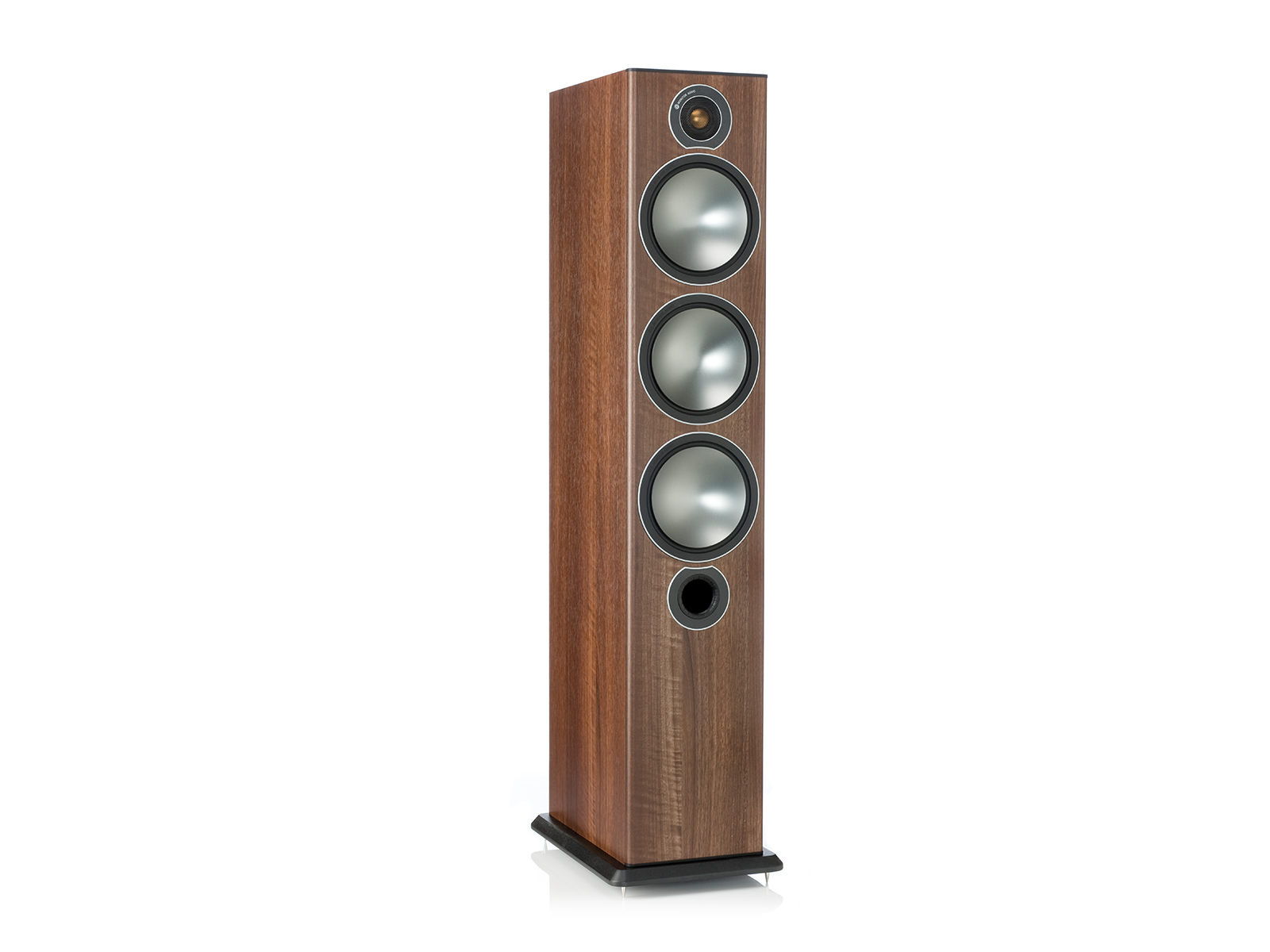 Bronze 6, grille-less floorstanding speakers, with a walnut vinyl finish.
