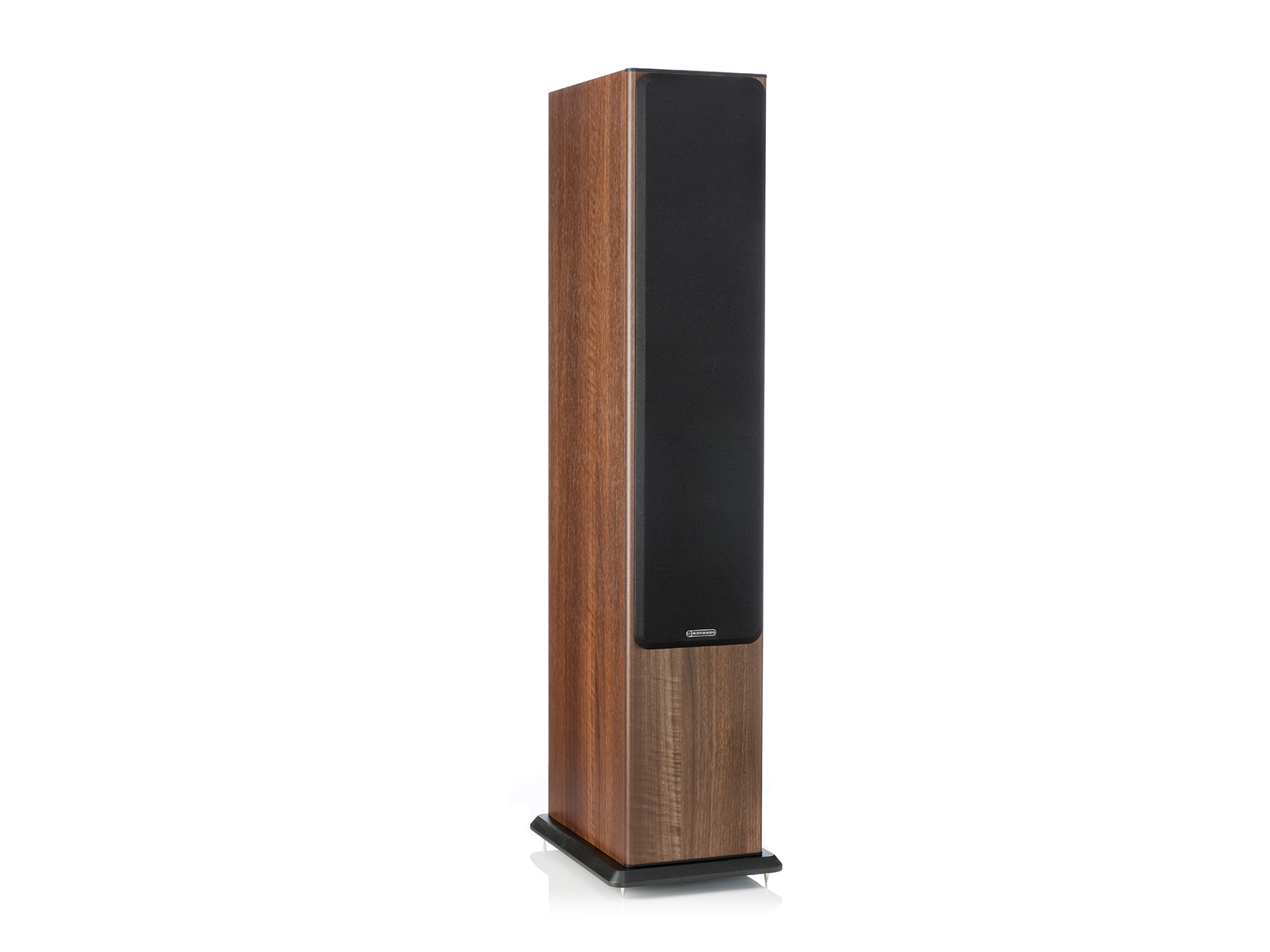 Bronze 6, floorstanding speakers, featuring a grille and a walnut vinyl finish.