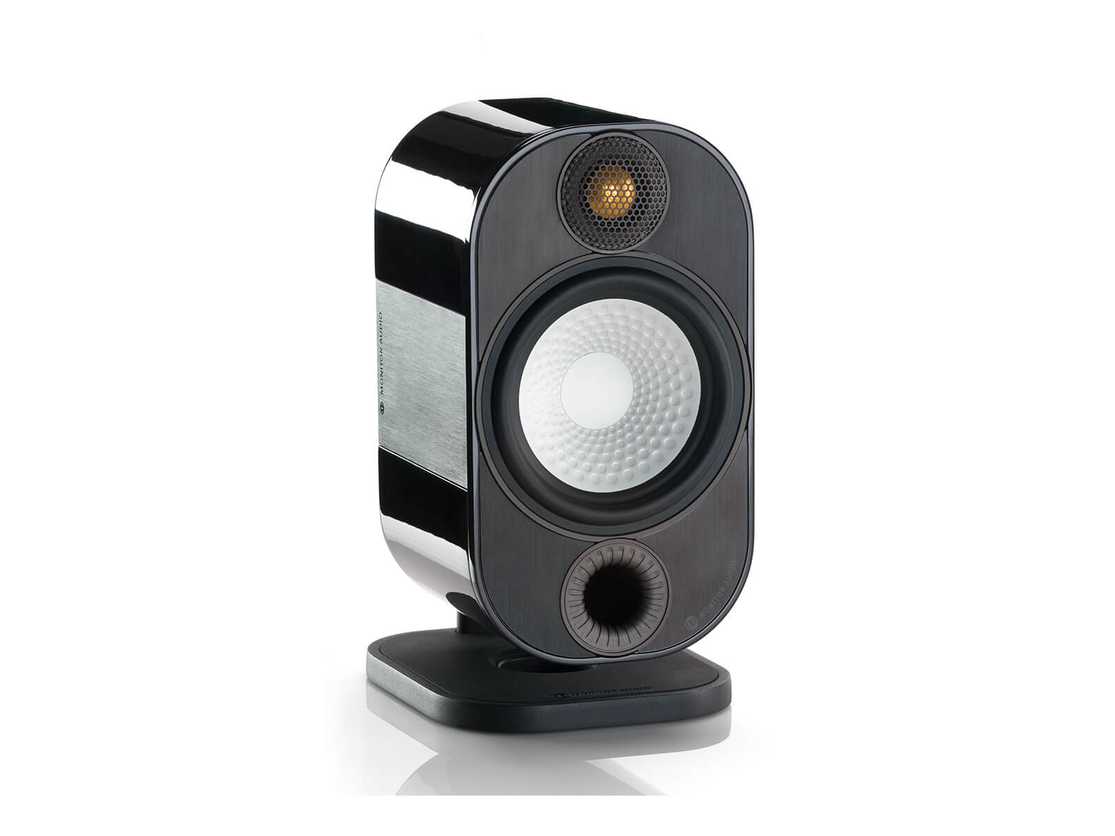 Apex A10, grille-less bookshelf speakers, with a metallic black high gloss finish.
