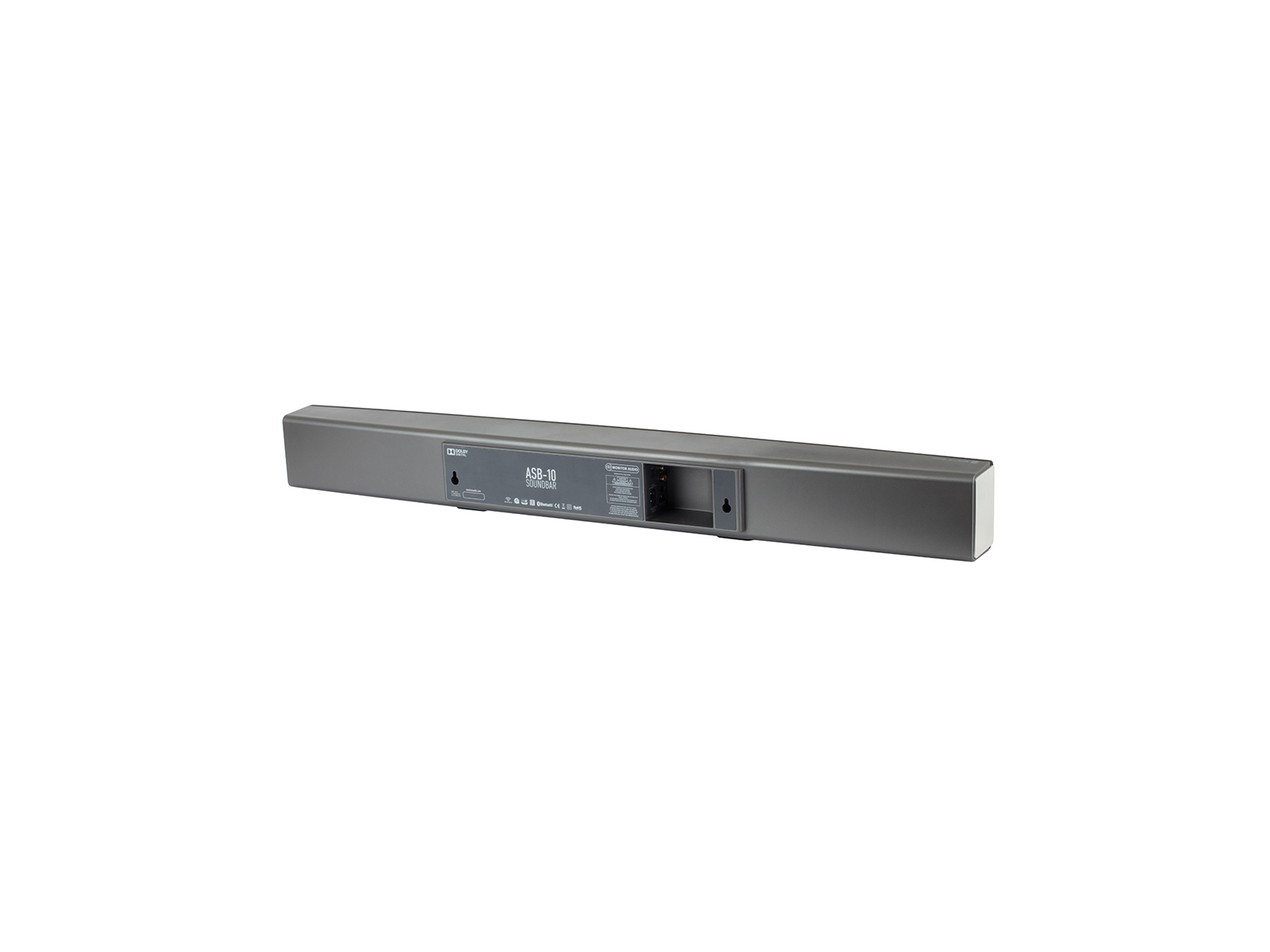 ASB-10, active soundbar speaker, iso rear, with a black cloth grille.