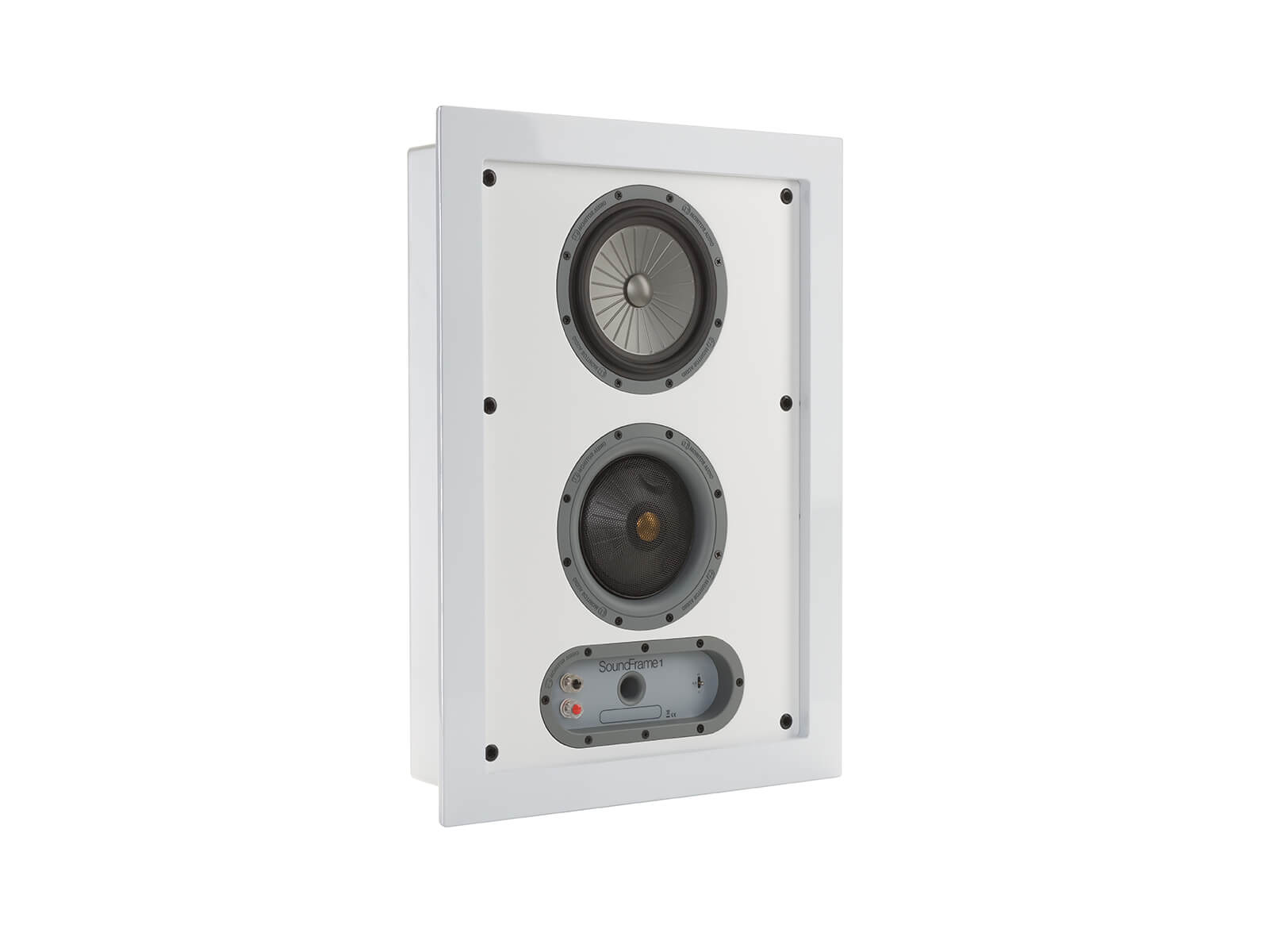 SoundFrame SF1, on-wall speakers, grille-less, with a high gloss white lacquer finish.
