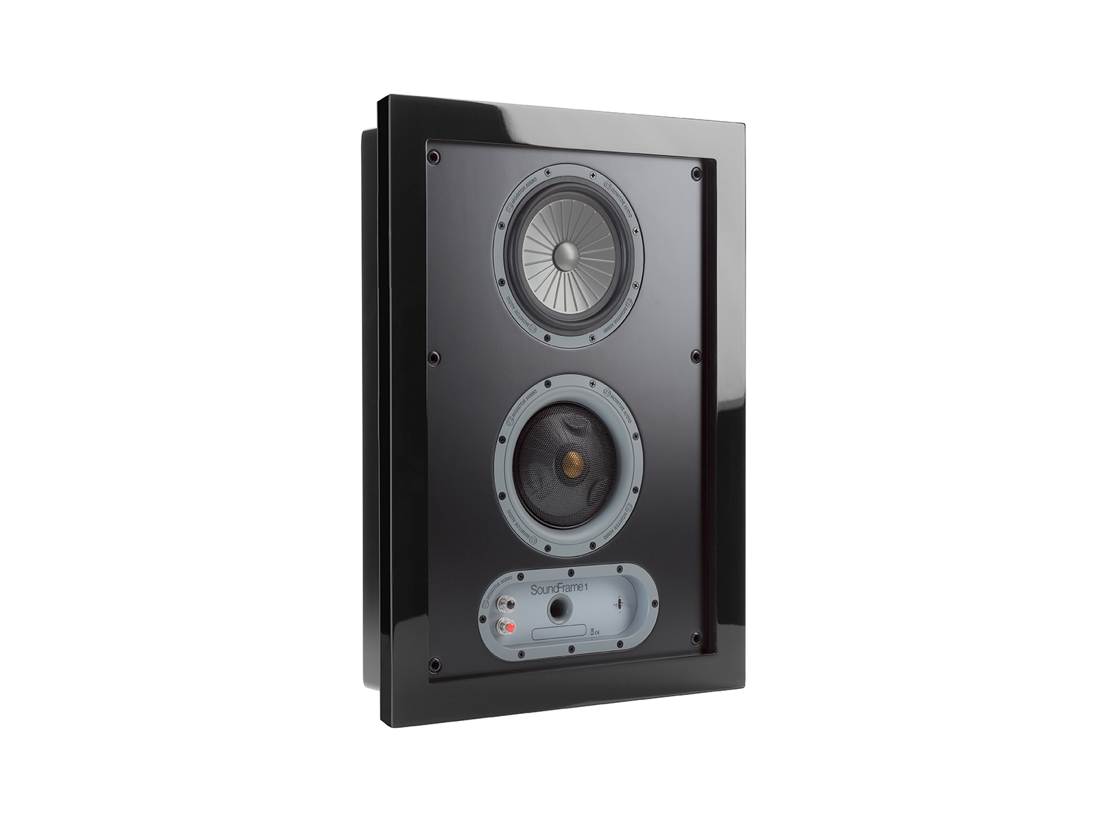 SoundFrame SF1, in-wall speakers, grille-less, with a high gloss black lacquer finish.