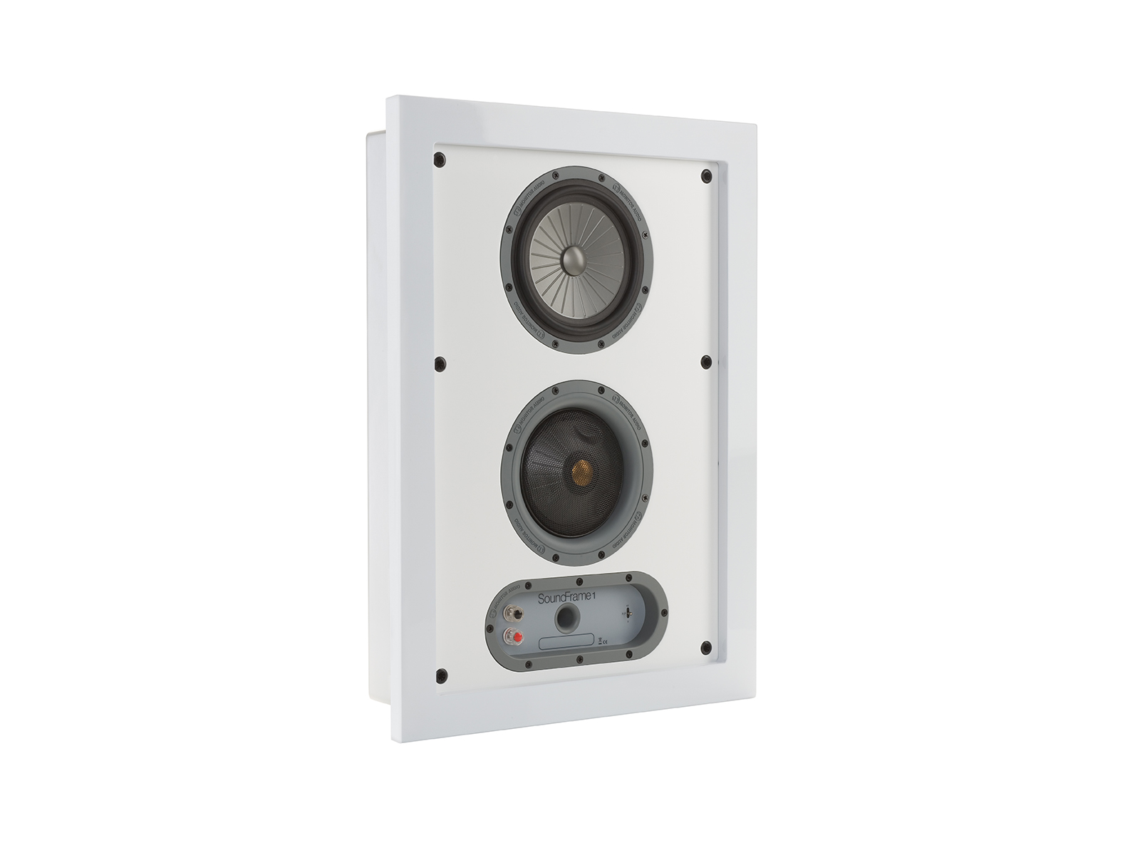 SoundFrame SF1, in-wall speakers, grille-less, with a high gloss white lacquer finish.