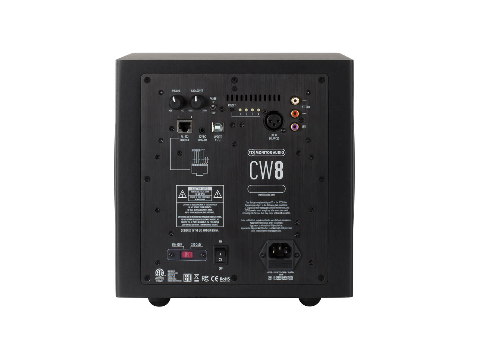 CW8 compact subwoofer, rear view.