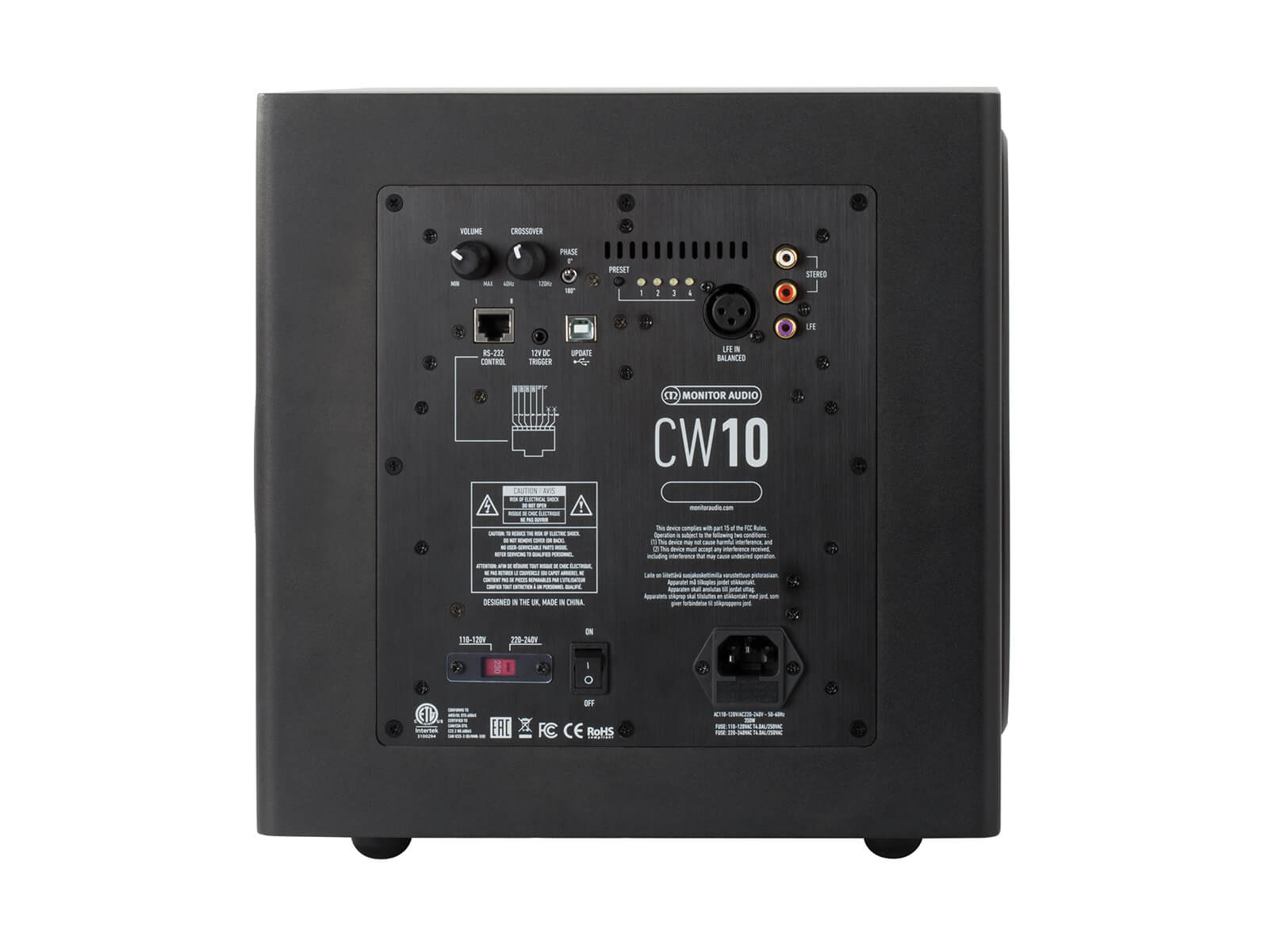 CW10 compact subwoofer, rear view.