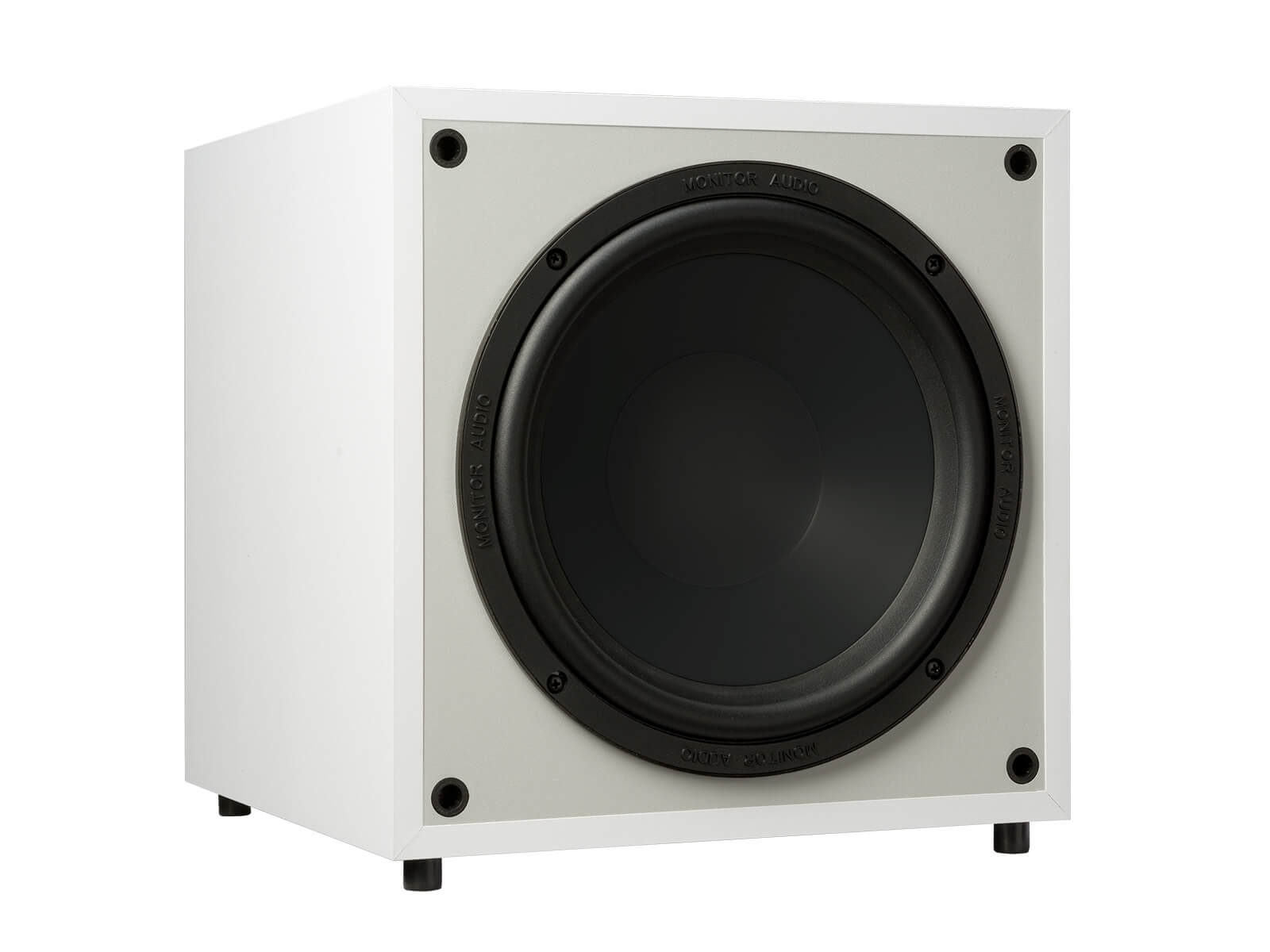 Monitor MRW-10, grille-less subwoofer, with a white finish.