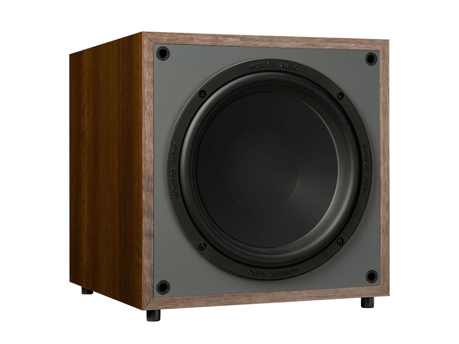 Monitor MRW-10, grille-less subwoofer, with a walnut vinyl finish.