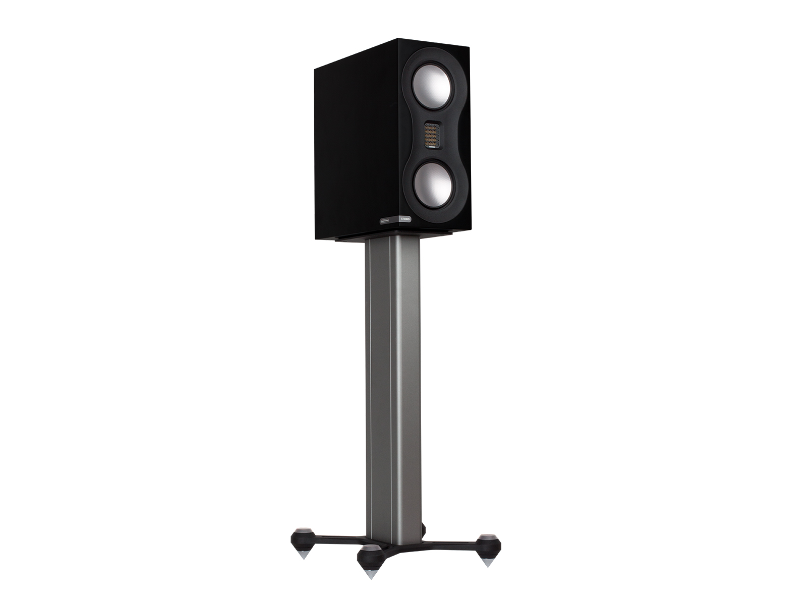 Speaker STAND, grey finish with a black Studio speaker.
