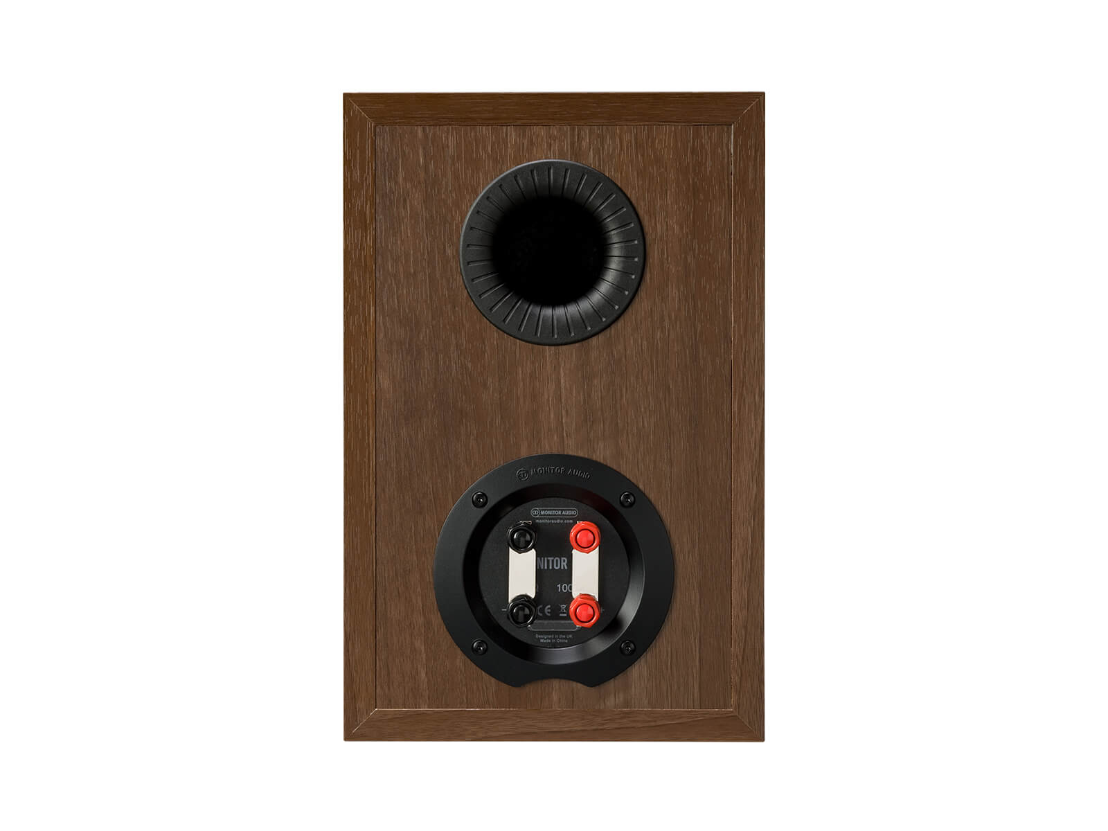 Monitor 100, bookshelf speakers, rear in a walnut vinyl finish.