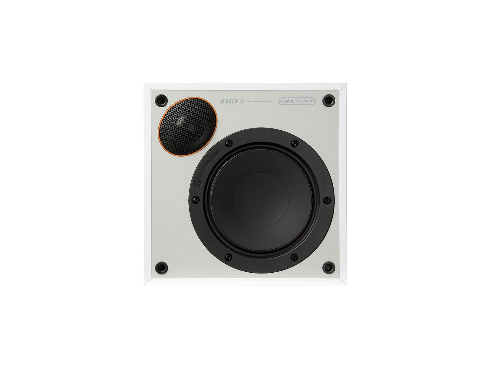 Monitor 50, bookshelf speakers, without grille, front on in a white finish.