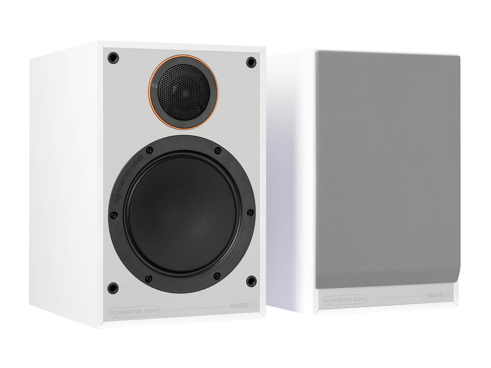 Monitor 100, bookshelf speakers, with and without grille in a white finish.