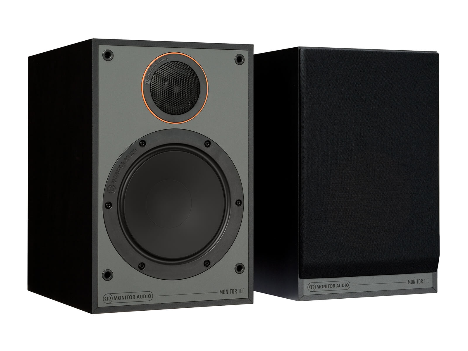 Monitor 100, bookshelf speakers, with and without grille in a black finish.