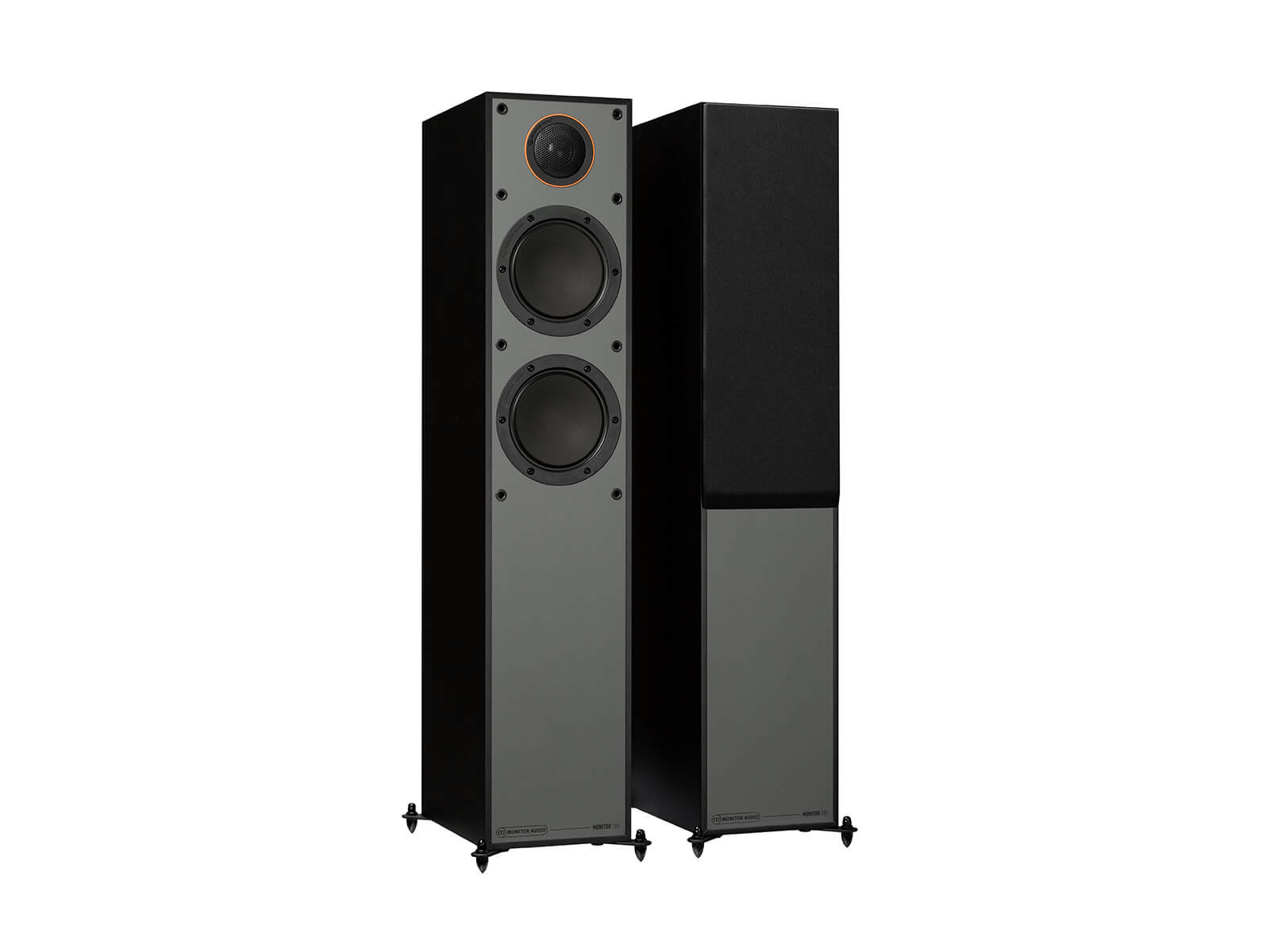 Monitor 200, floorstanding speakers, with and without grille in a black finish.
