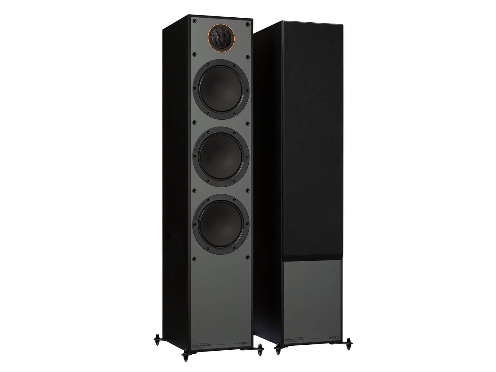 Monitor 300, floorstanding speakers, with and without grille in a black finish.