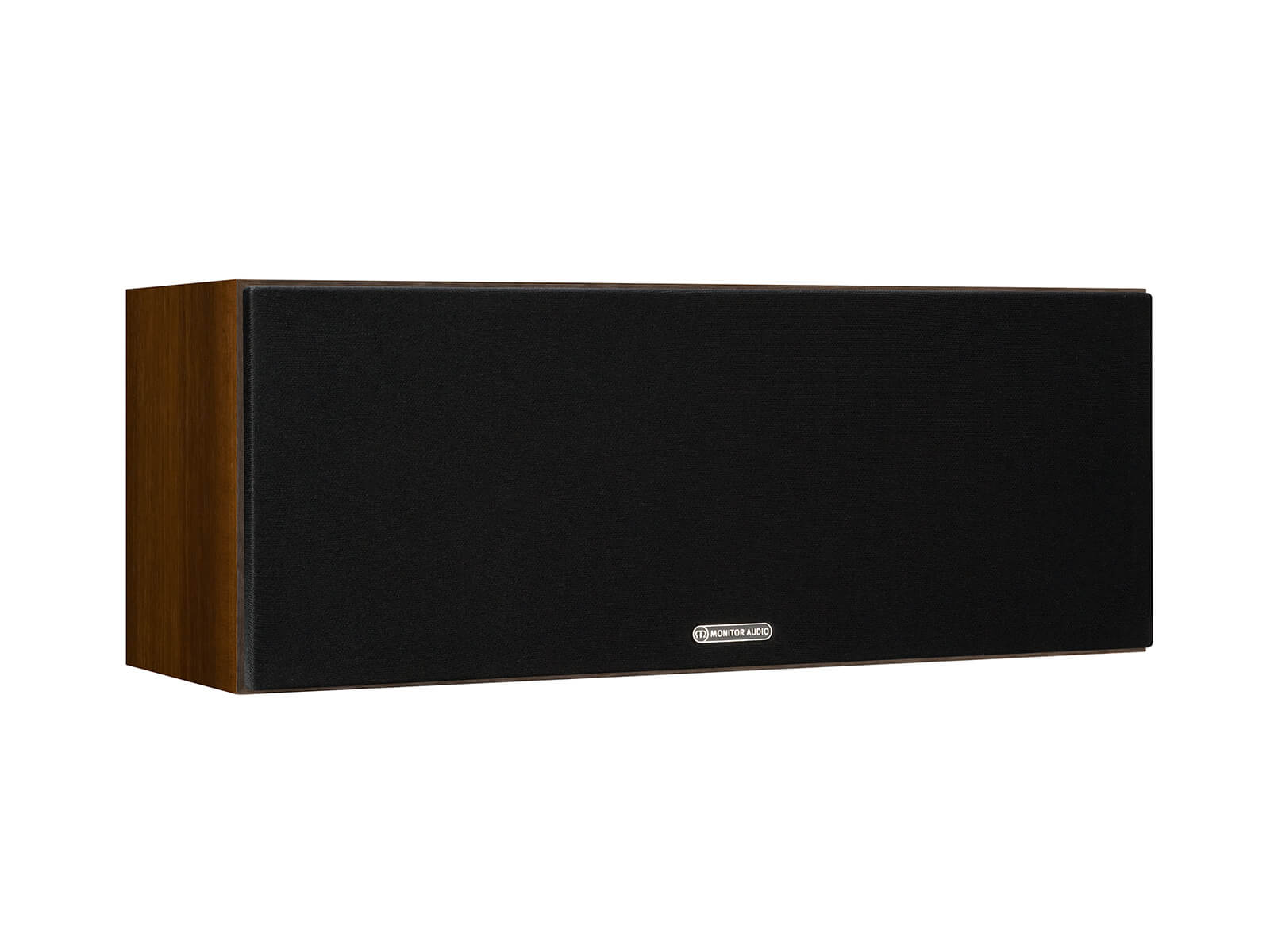 Monitor C150, centre channel speakers, featuring a grille, with a walnut vinyl finish.