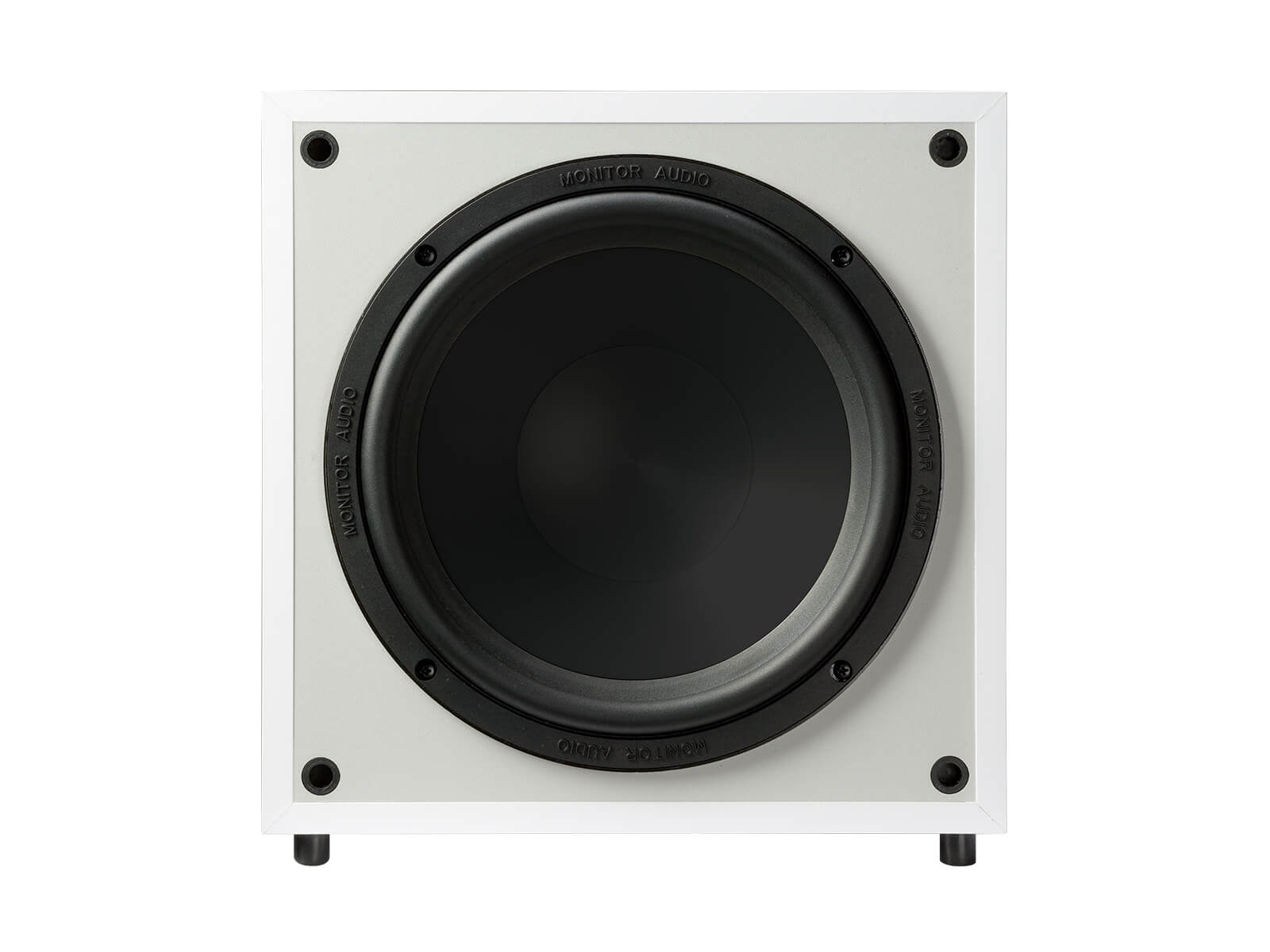 Monitor MRW-10, grille-less subwoofer, front on a white finish.