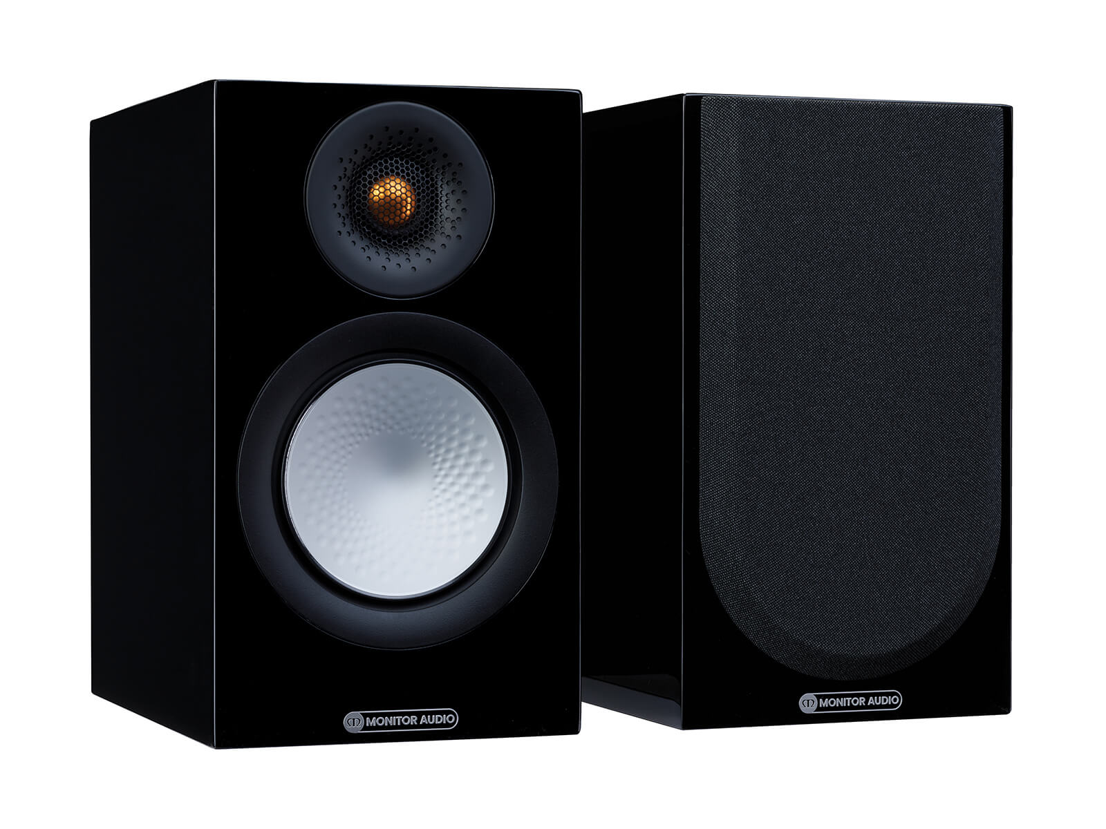 A pair of Monitor Audio's Silver 50 7G, in a high gloss black finish, iso view, with and without grilles.
