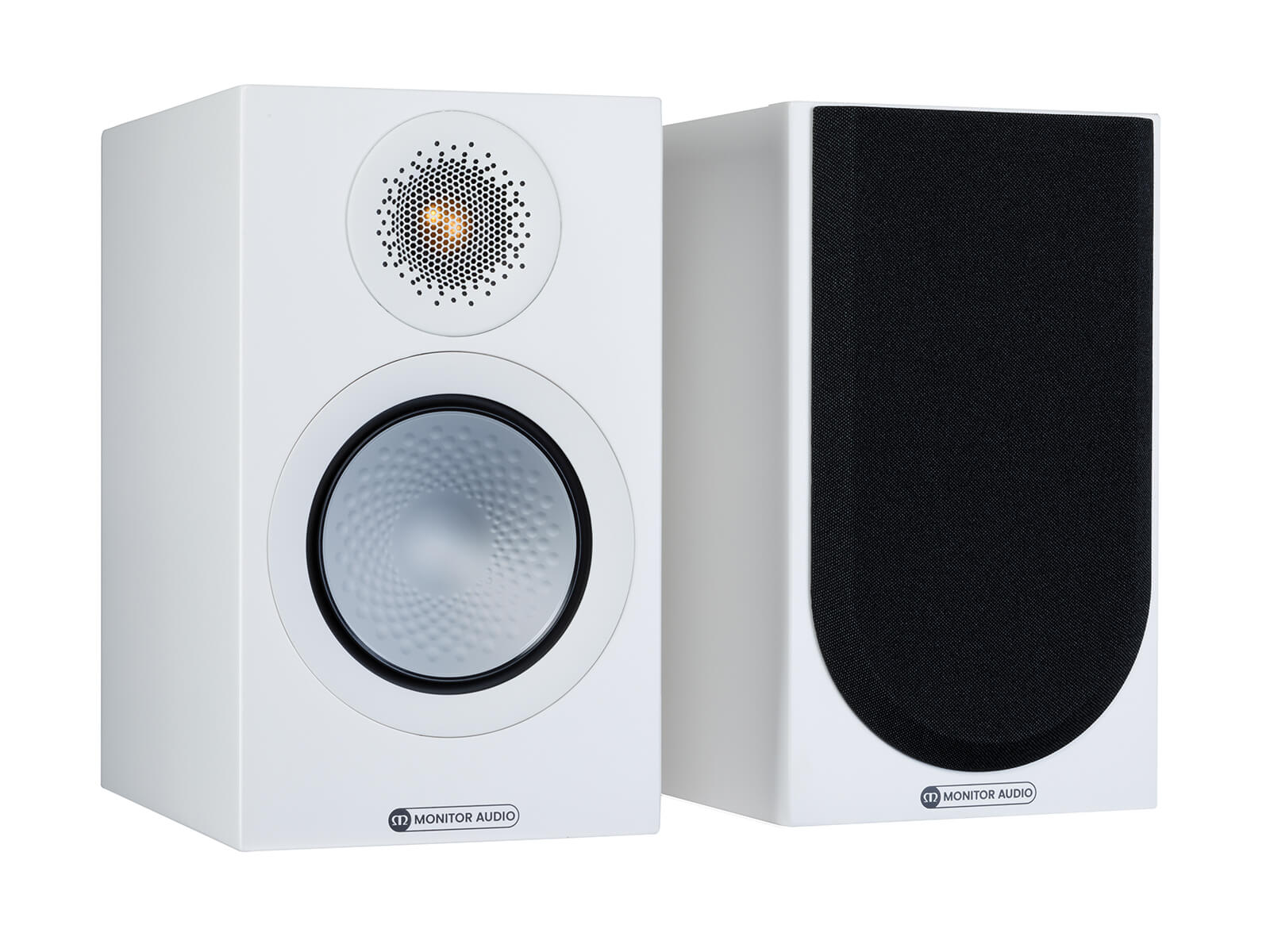A pair of Monitor Audio's Silver 50 7G, in a satin white finish, iso view, with and without grilles.