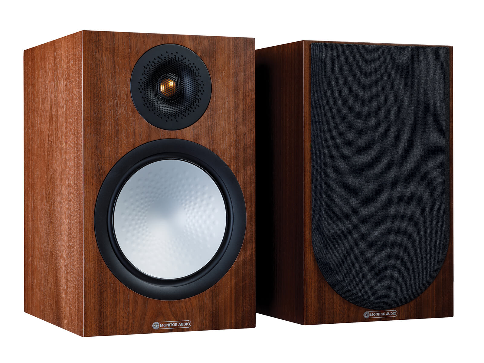 A pair of Monitor Audio's Silver 100 7G, in a natural walnut finish, iso view, with and without grilles.