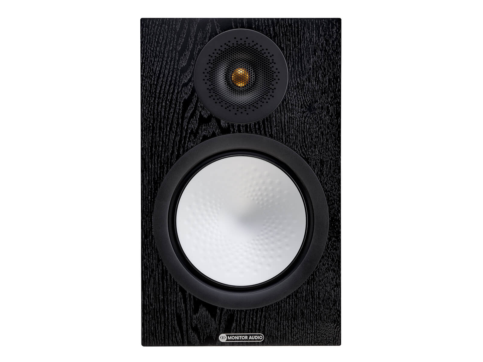 Monitor Audio's Silver 100 7G, in a black oak finish, front view, without grille.