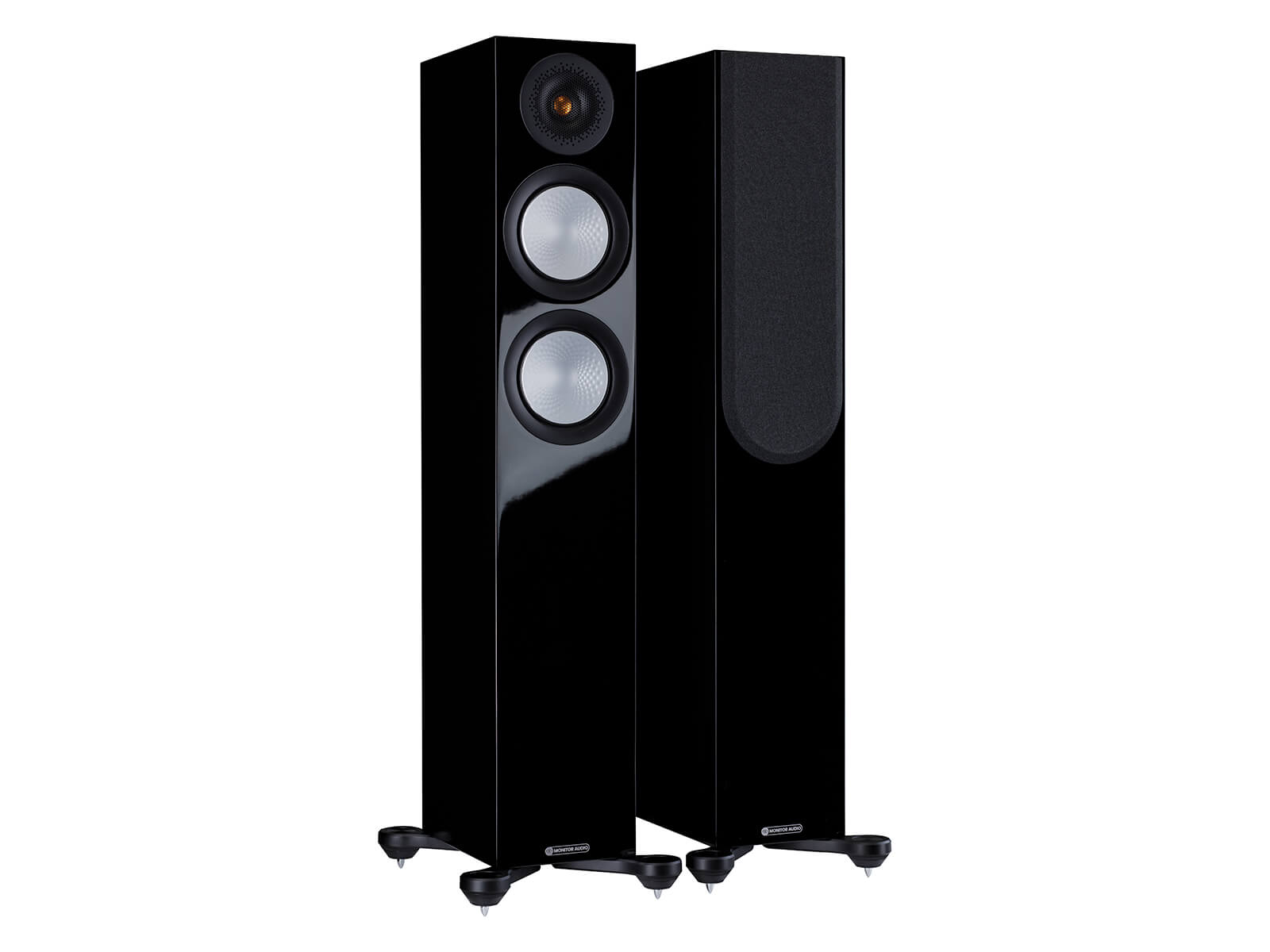A pair of Monitor Audio's Silver 200 7G, in a high gloss black finish, iso view, with and without grilles.