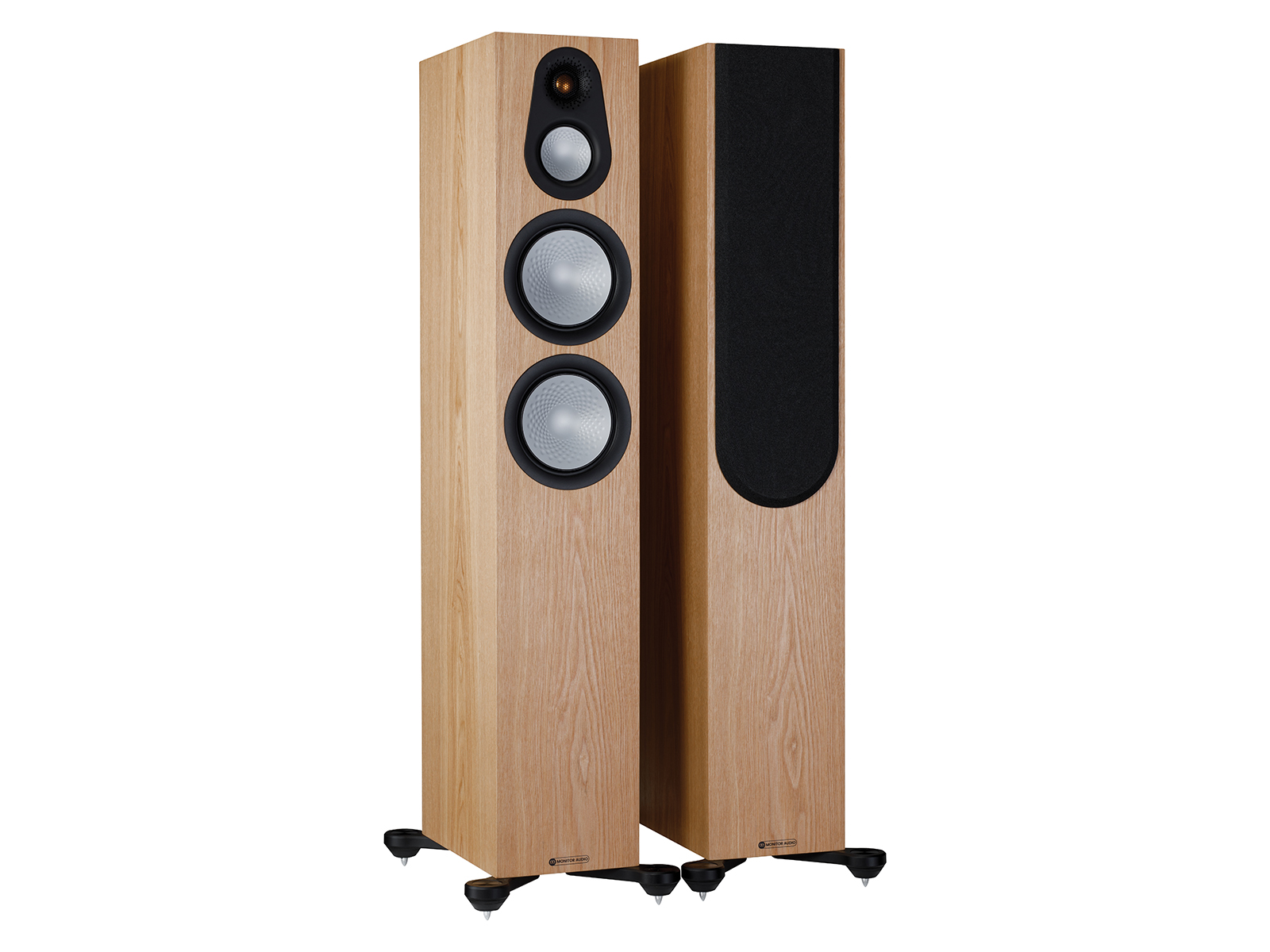 A pair of Monitor Audio's Silver 300 7G, in an ash finish, iso view, with and without grilles.