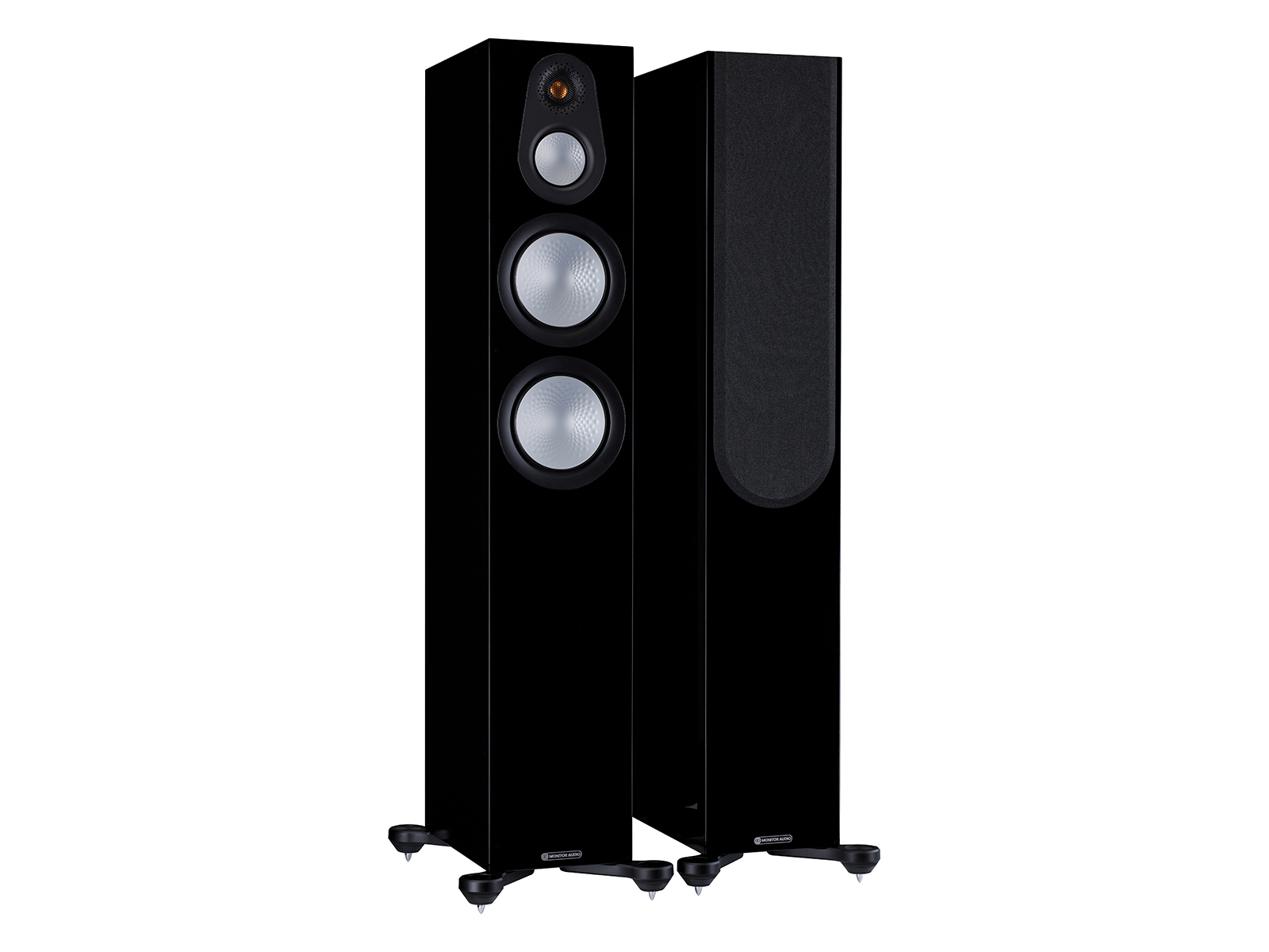 A pair of Monitor Audio's Silver 300 7G, in a high gloss black finish, iso view, with and without grilles.