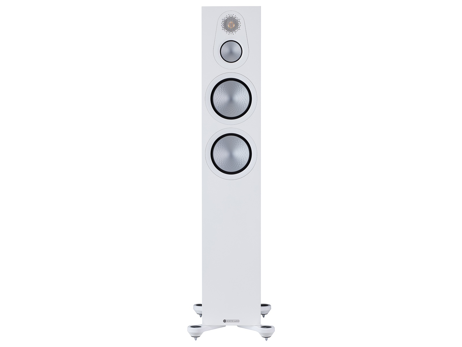 Monitor Audio's Silver 300 7G, in a satin white finish, front view, without grille.