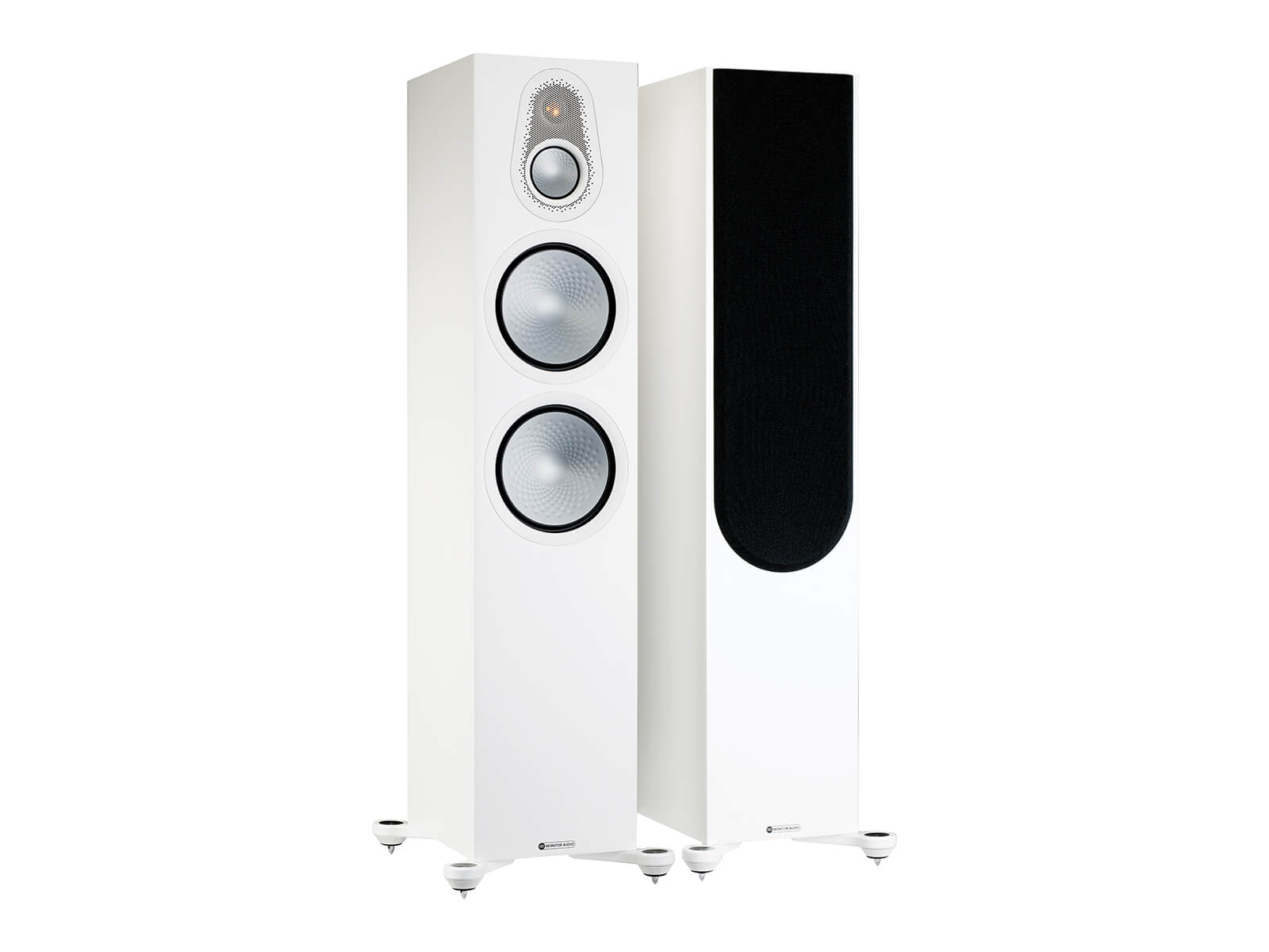 A pair of Monitor Audio's Silver 500 7G, in a satin white finish, iso view, with and without grilles.