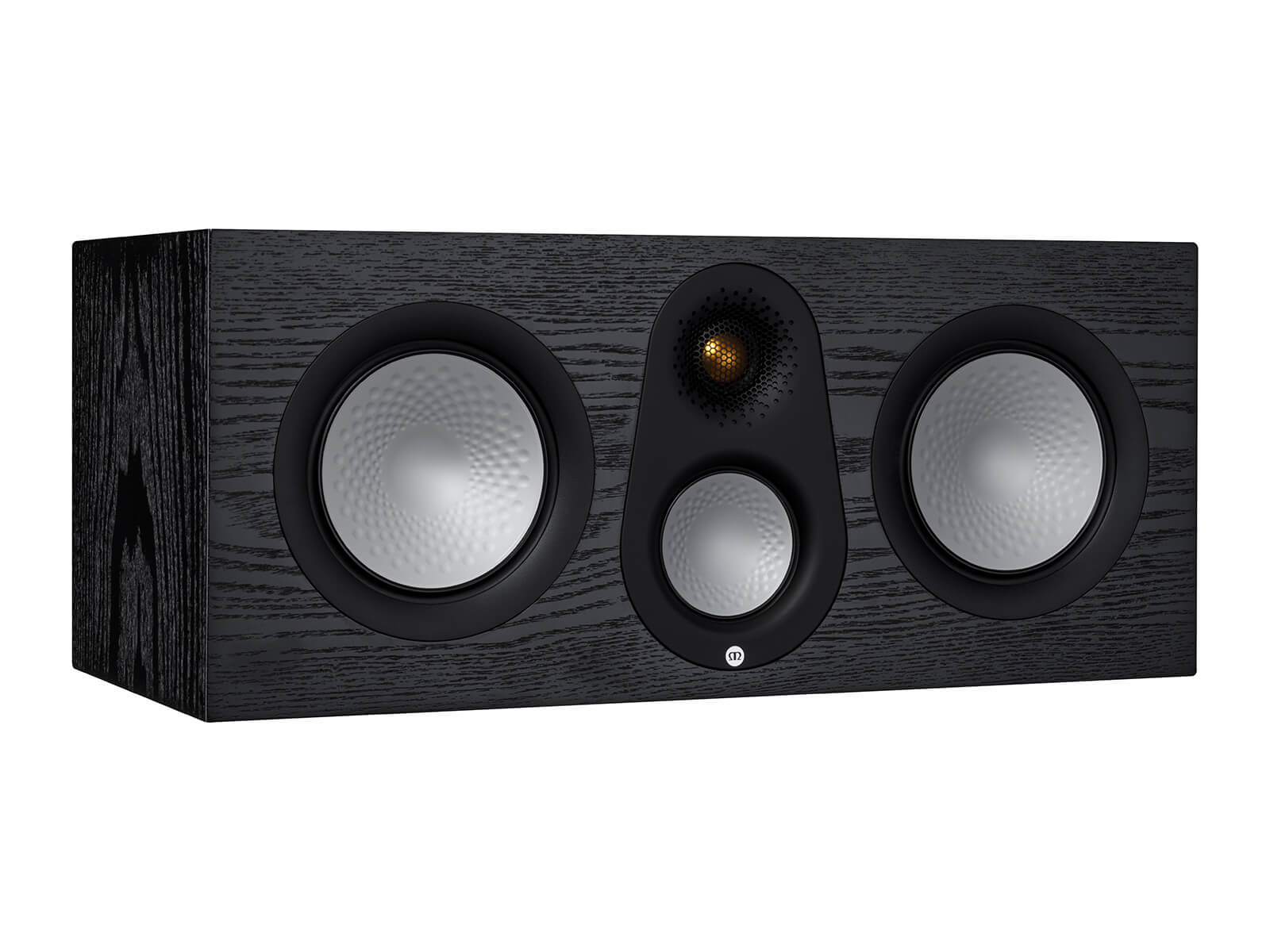 Monitor Audio's Silver C250 7G, in a black oak finish, iso view, without grille.