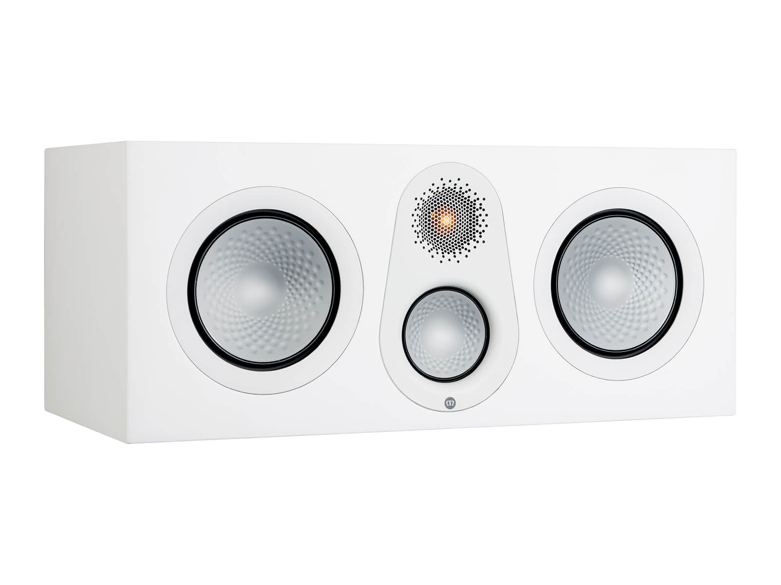 Monitor Audio's Silver C250 7G, in a satin white finish, iso view, without grille.
