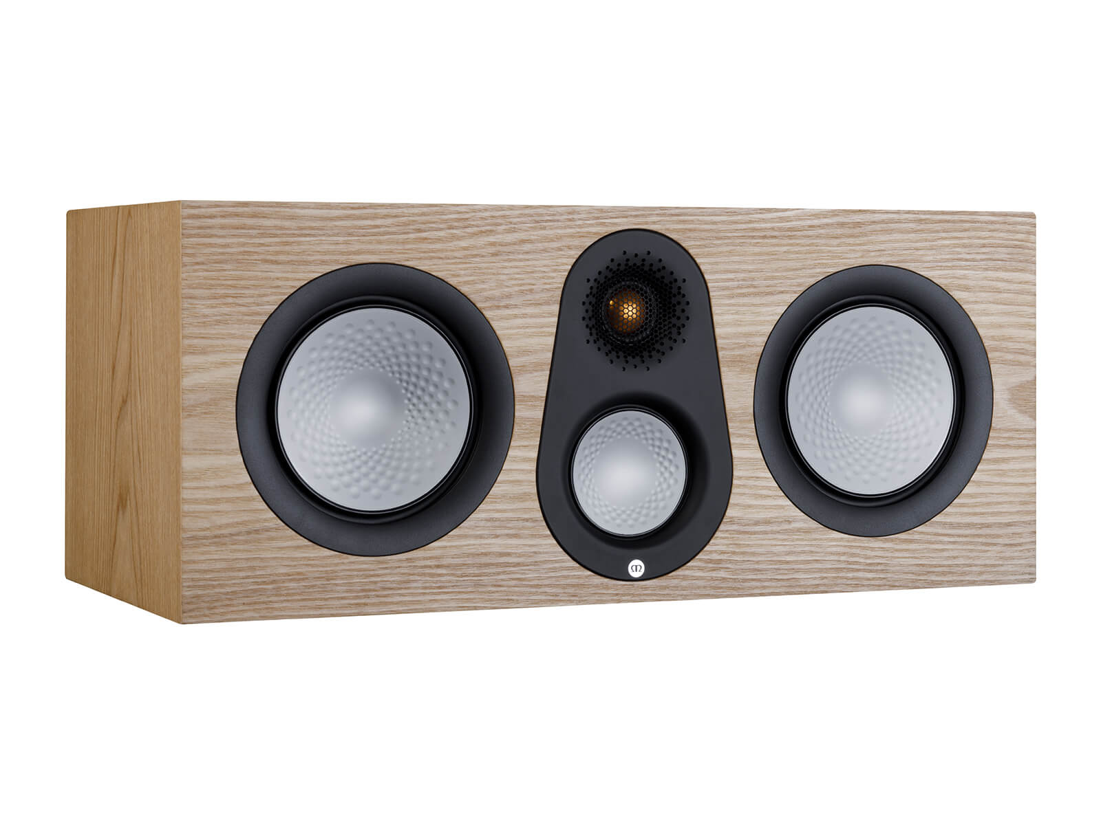 Monitor Audio's Silver C250 7G, in an ash finish, iso view, without grille.