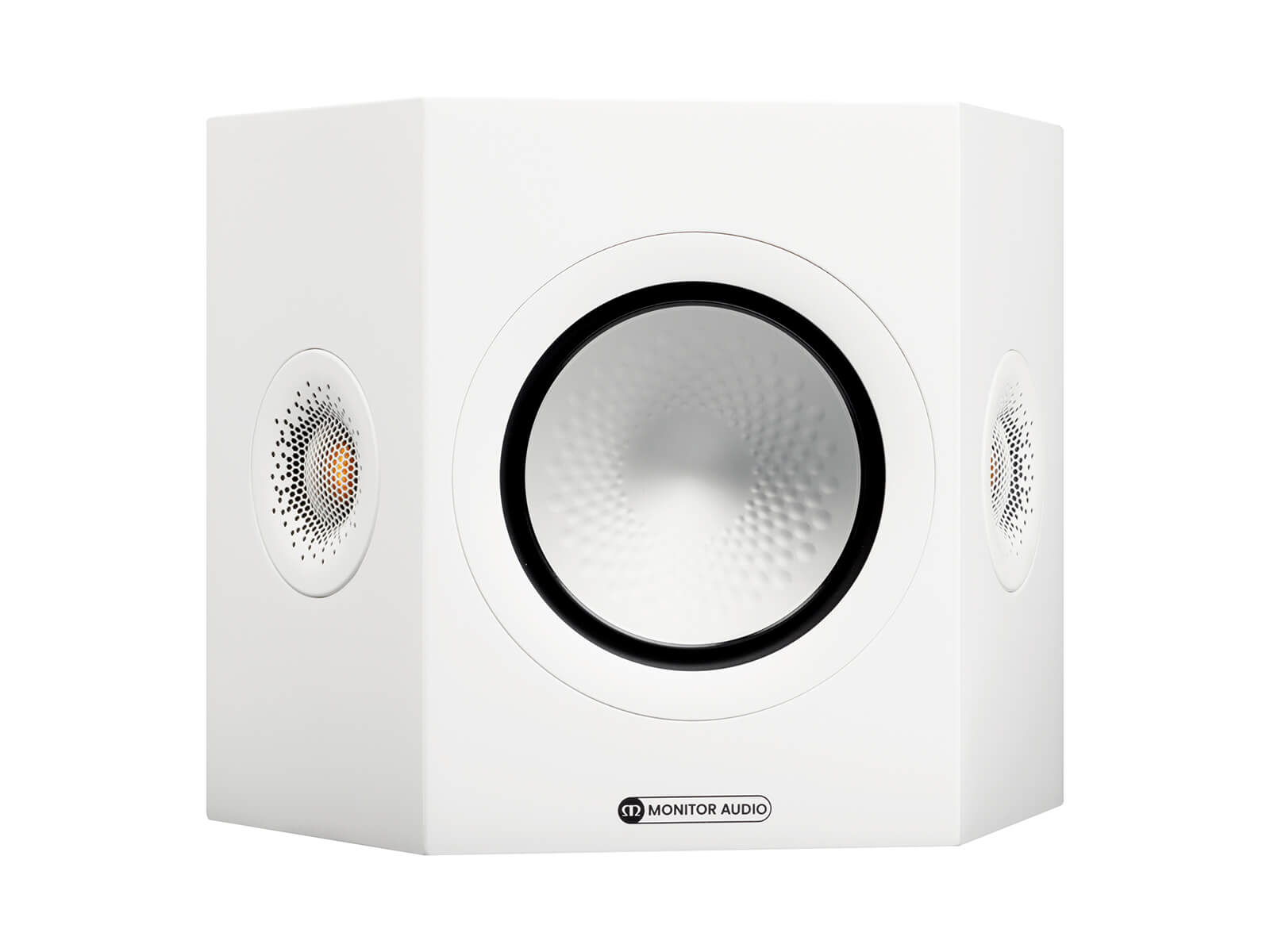 Monitor Audio's Silver FX 7G, in a satin white finish, iso view, without grille.