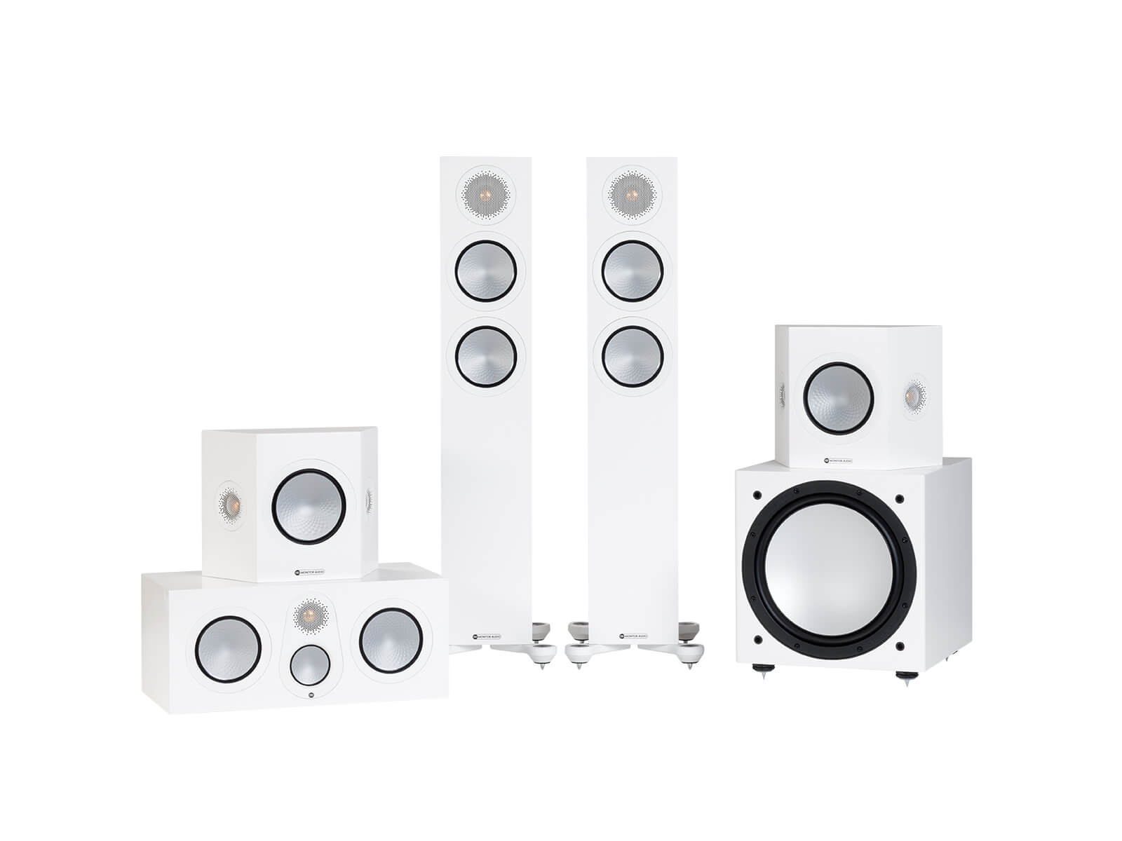 Setup of Monitor Audio's Silver 200 7G Cinema 5.1, in a satin white finish, without grilles.