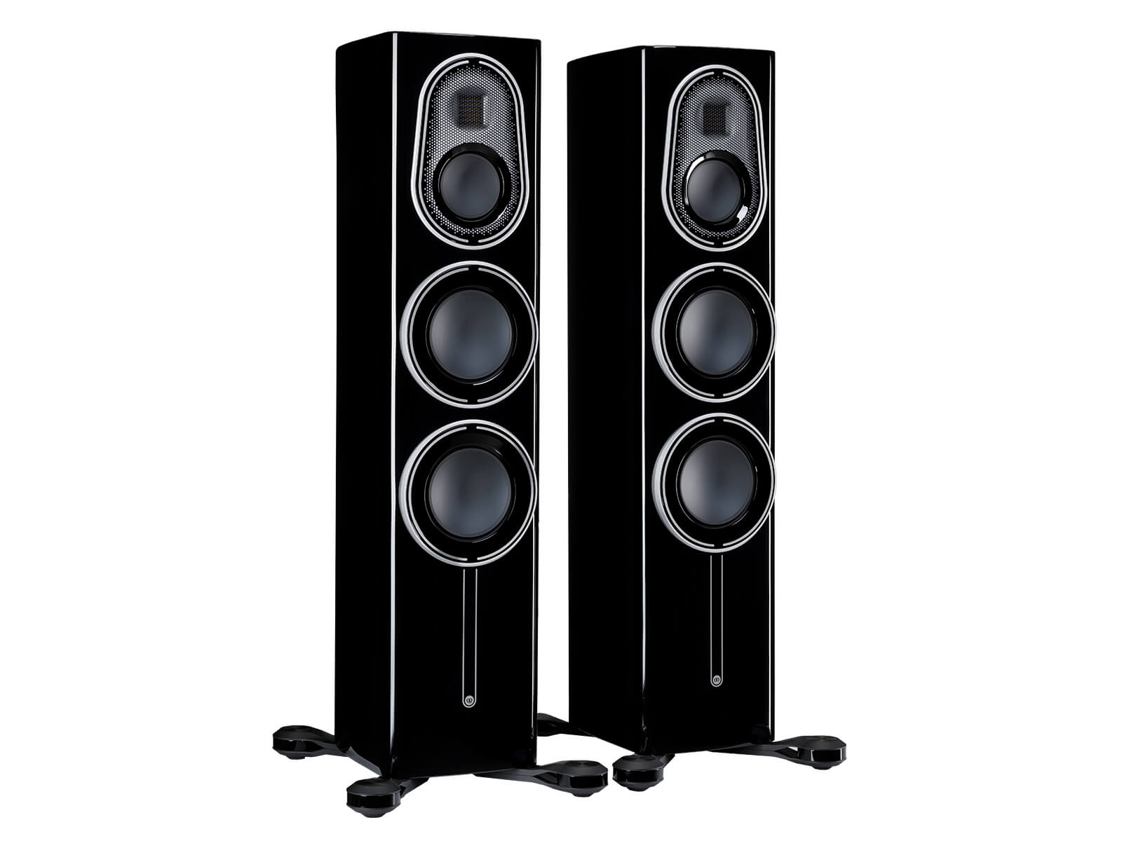 A pair of Monitor Audio Platinum 200 3G, in a Piano Black finish, iso view.
