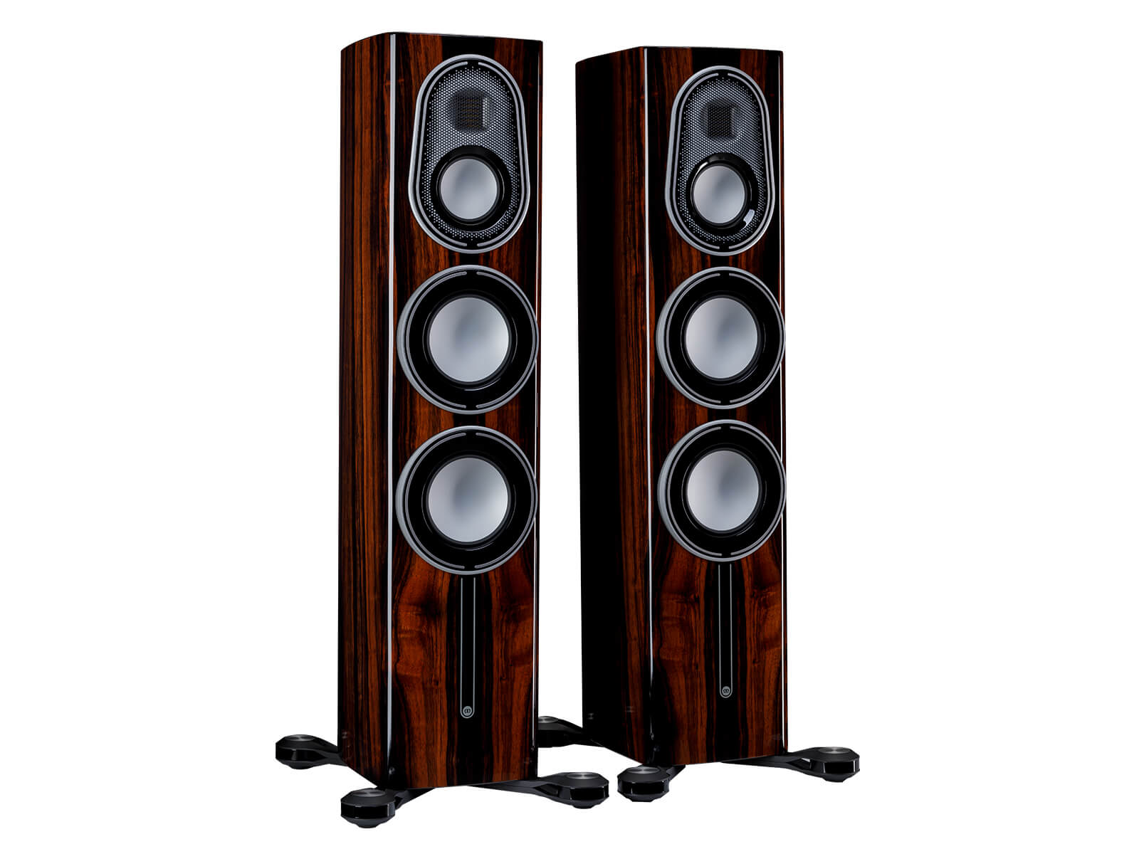 A pair of Monitor Audio Platinum 200 3G, in a Piano Ebony finish, iso view.