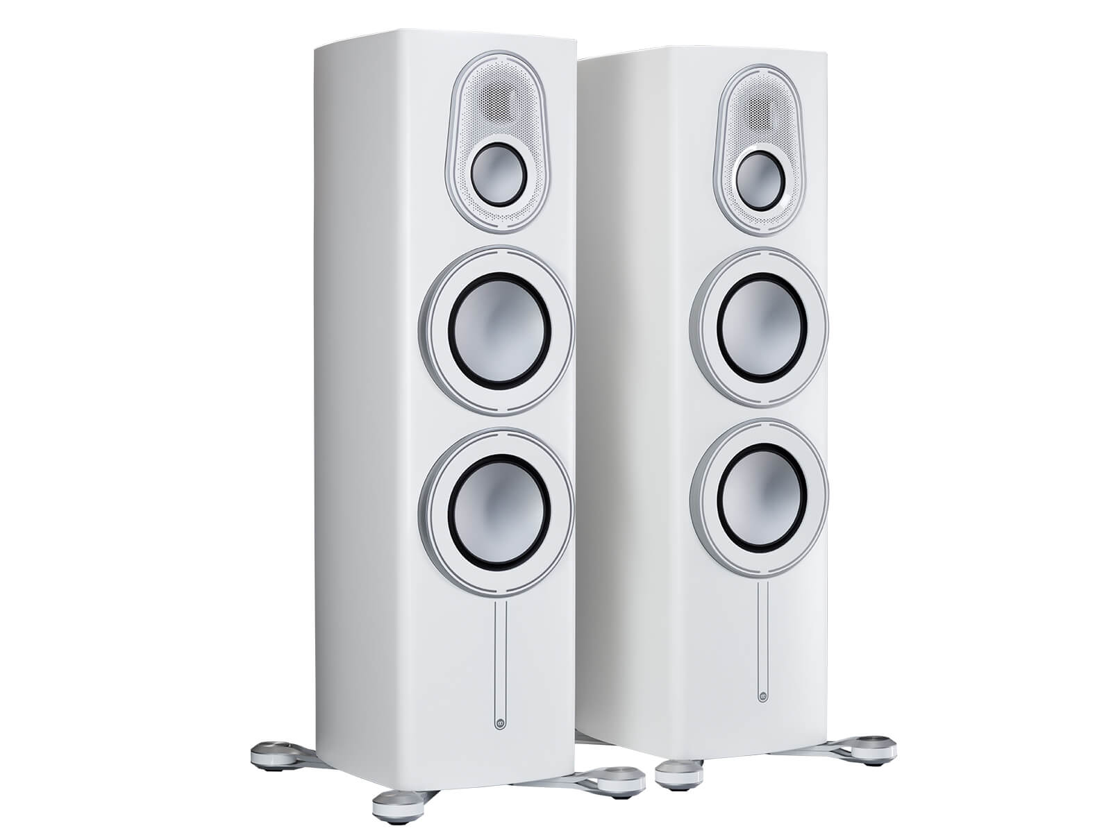 A pair of Monitor Audio Platinum 300 3G, in a Pure Satin White finish, iso view.