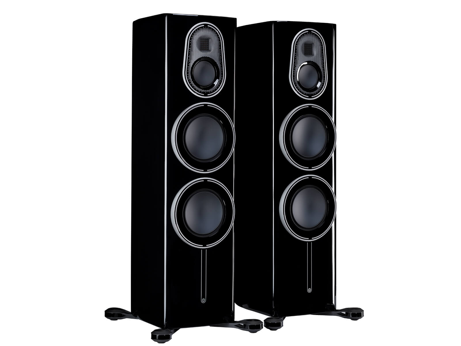 A pair of Monitor Audio Platinum 300 3G, in a Piano Black finish, iso view.