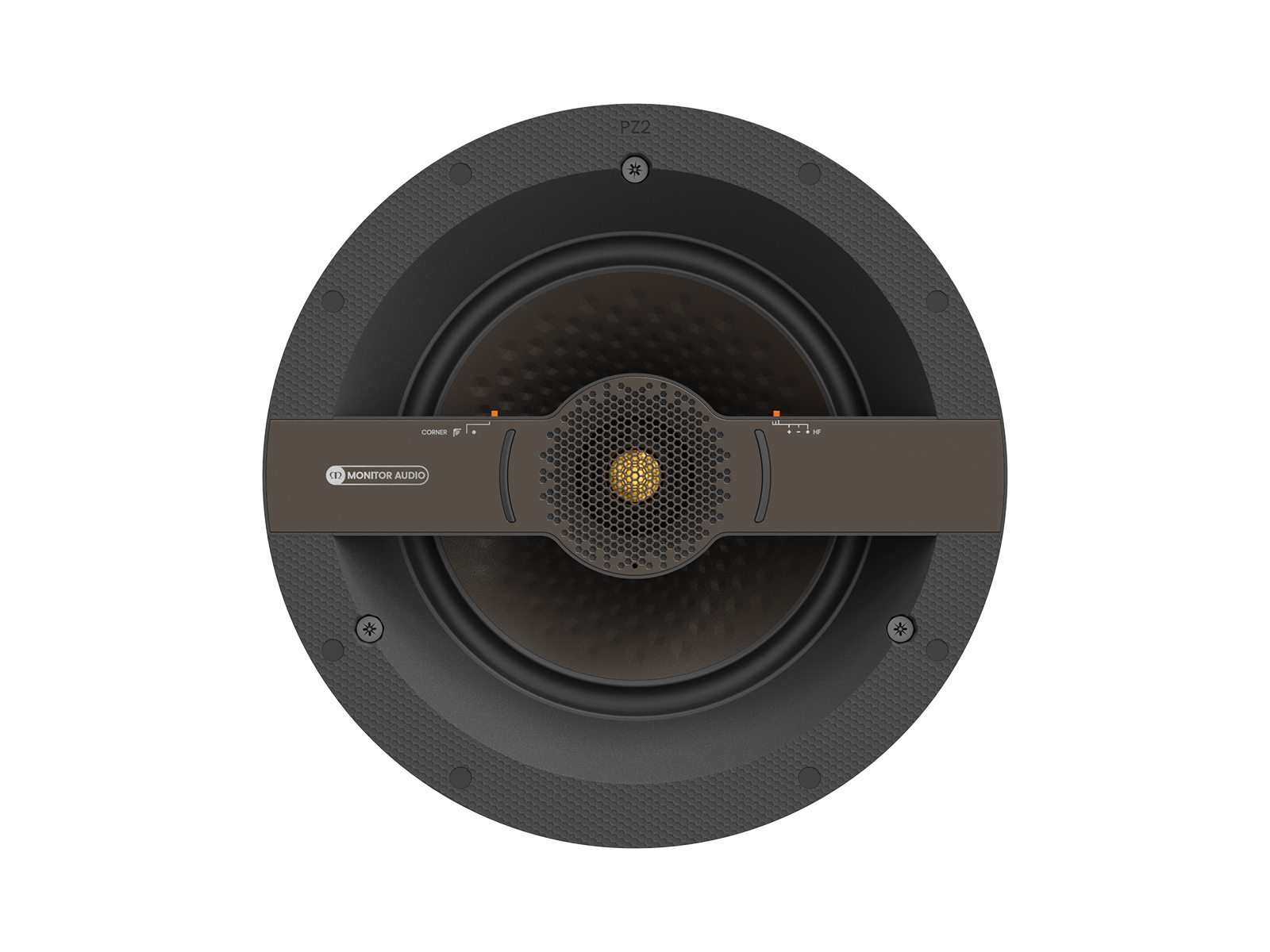 Core C165, front-on, grille-less in-ceiling speakers.