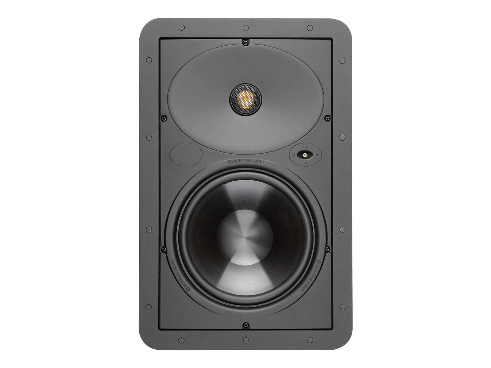 Core W180, front-on, grille-less in-wall speakers.