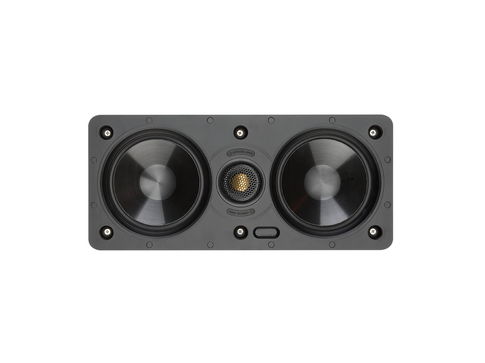 Core W150-LCR, front-on, grille-less in-wall speakers.